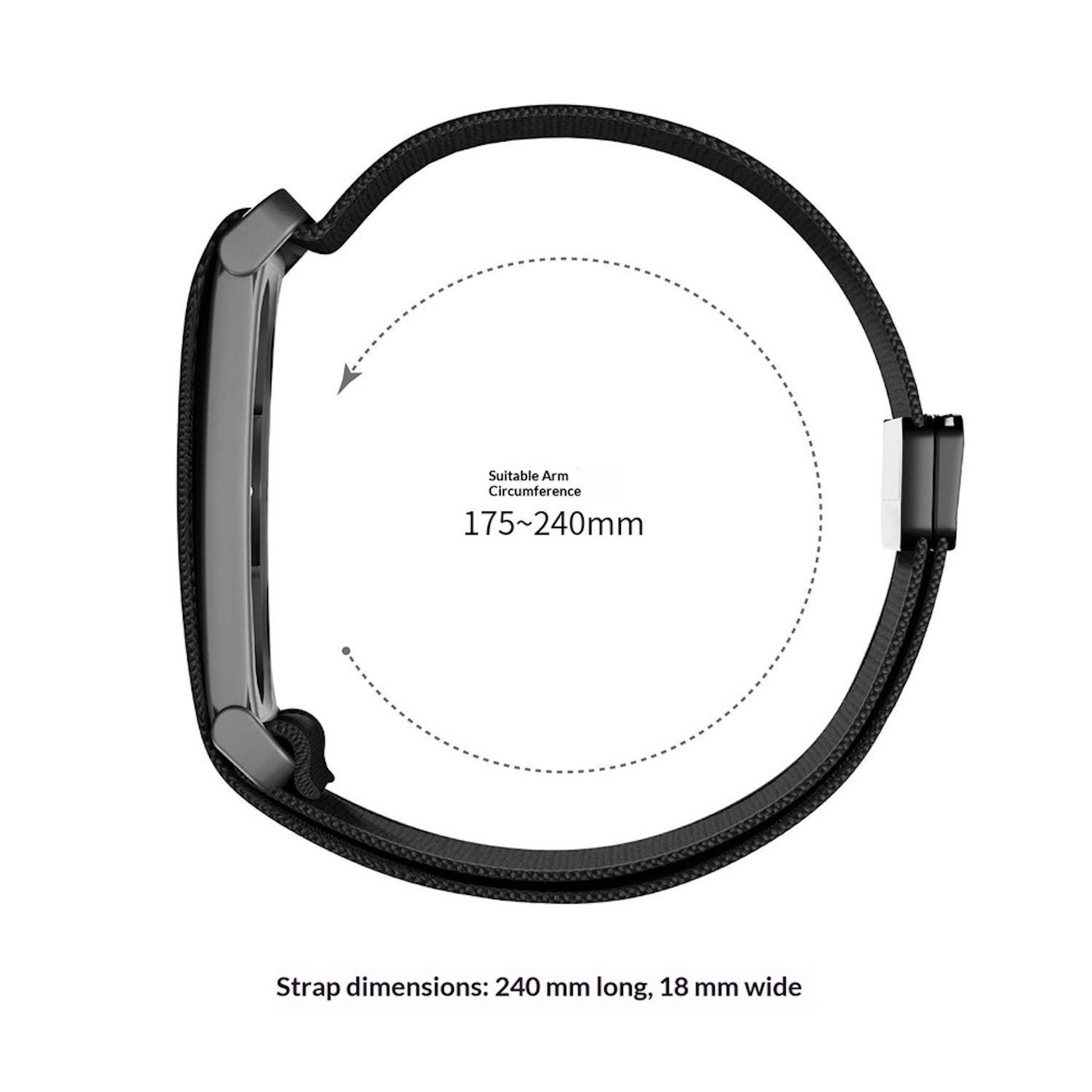 Smartwatch-Armband in einem Kreis dargestellt mit verstellbarem Armumfang 175-240 mm; Armband-Abmessungen 240 mm lang und 18 mm breit.