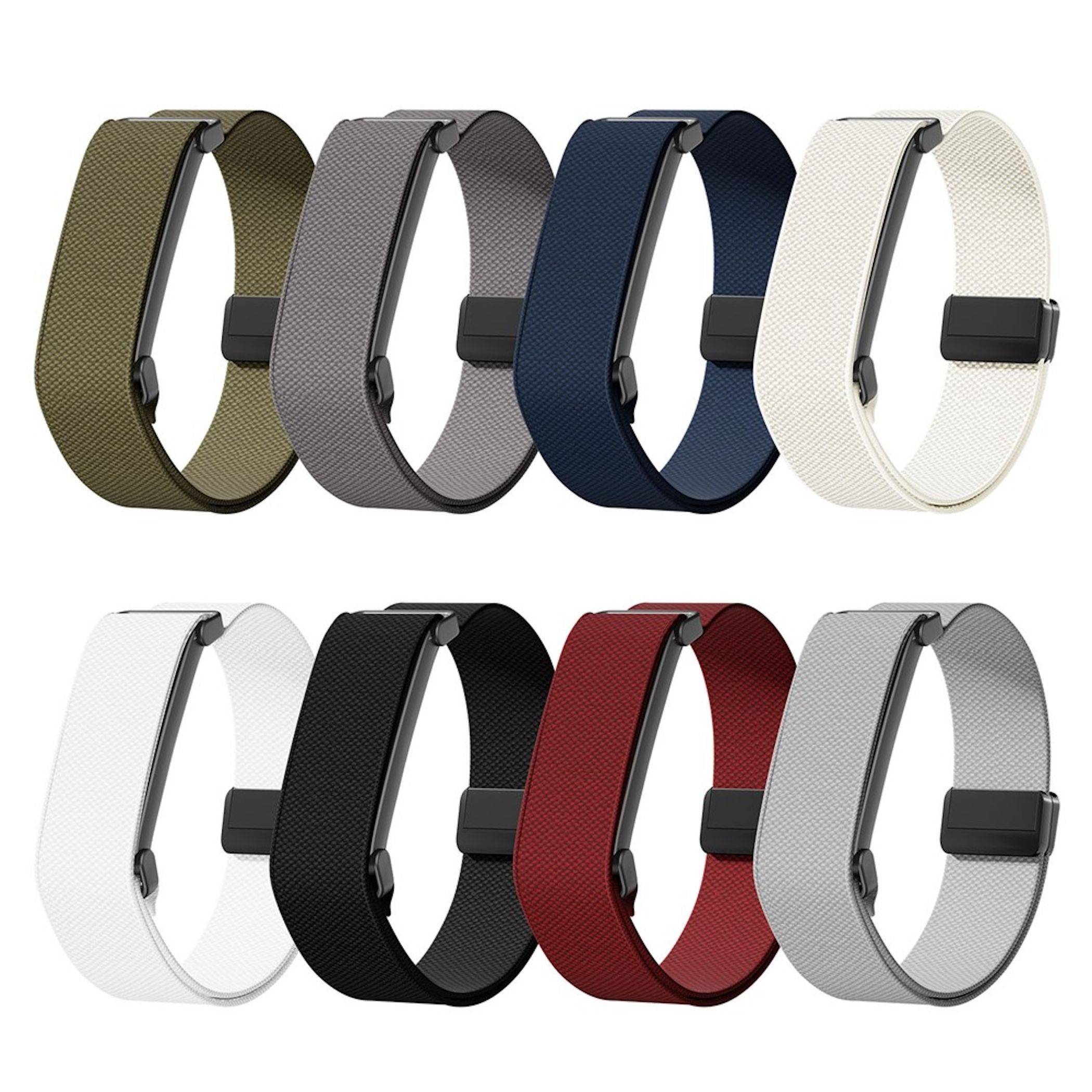 Acht minimalistische Wristbands im Loop-Stil in verschiedenen Farben, dargestellt in zwei Reihen auf weißem Hintergrund.