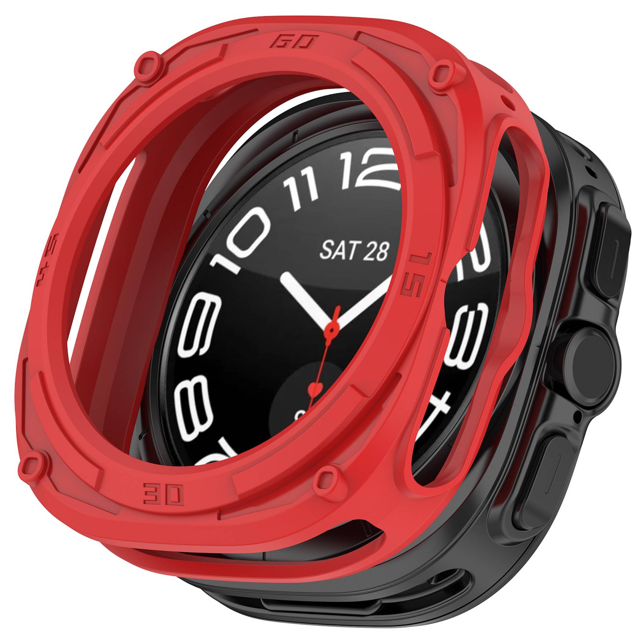 Schwarze Smartwatch mit großem schwarzem Zifferblatt und weißen Zahlen, gezeigt in einem roten Schutzgehäuse auf weißem Hintergrund.