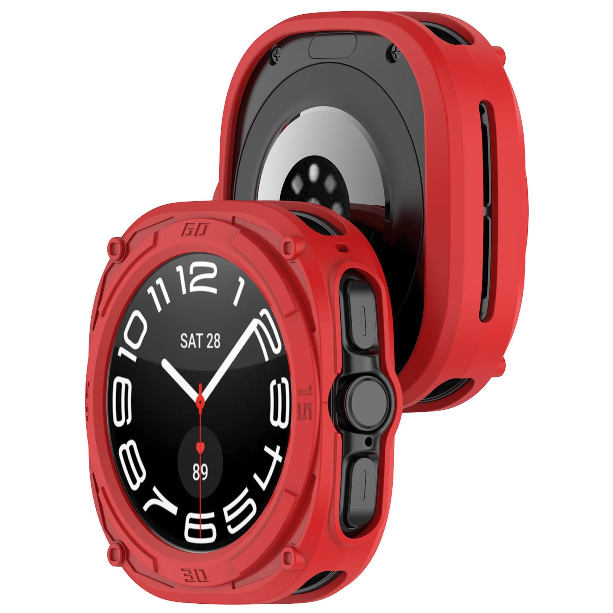 Rote robuste Smartwatch von vorne und hinten gezeigt, mit schwarzem analogem Zifferblatt mit Anzeige von „SA 28