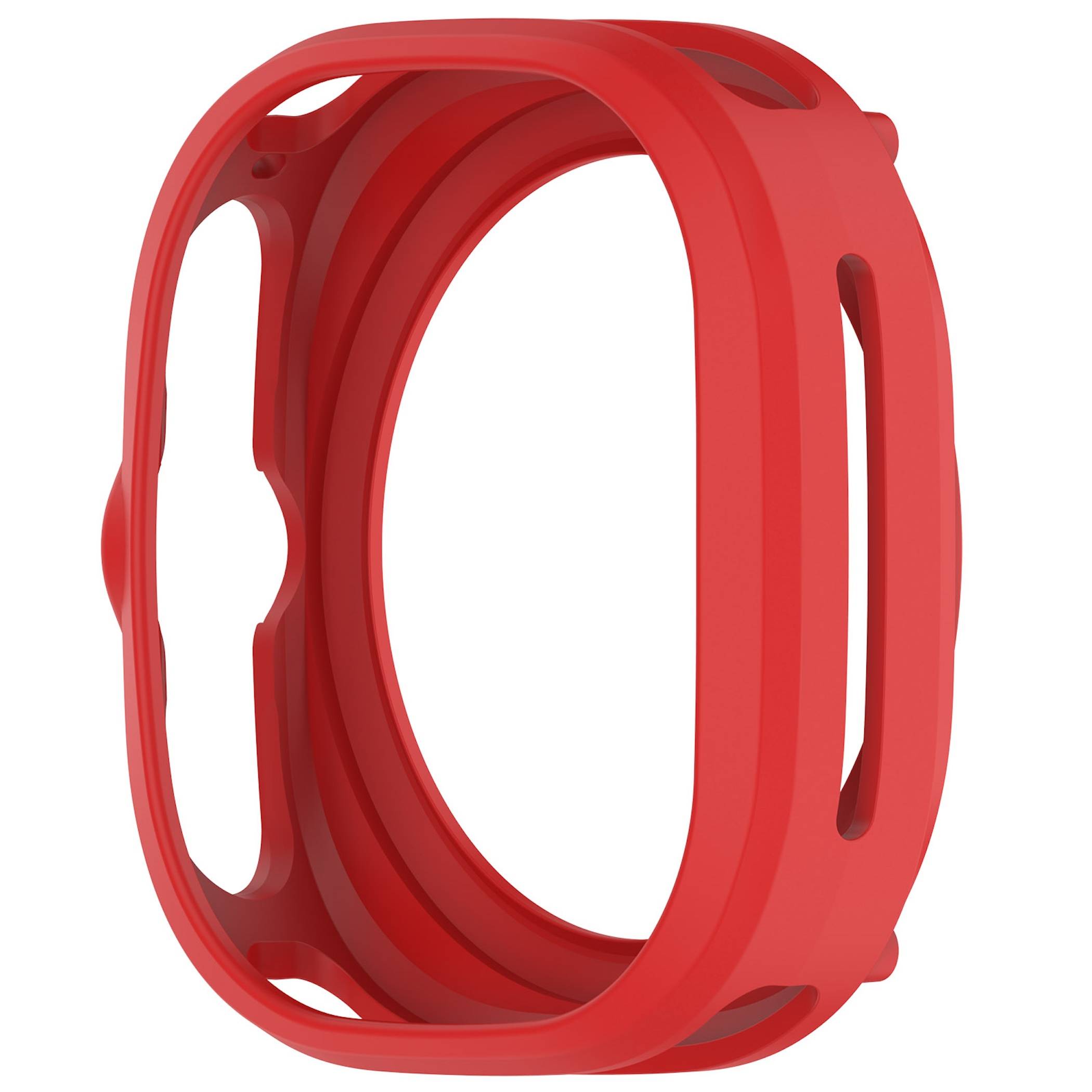 Rote schützende Silikonhülle für eine Smartwatch, isoliert auf weißem Hintergrund dargestellt.