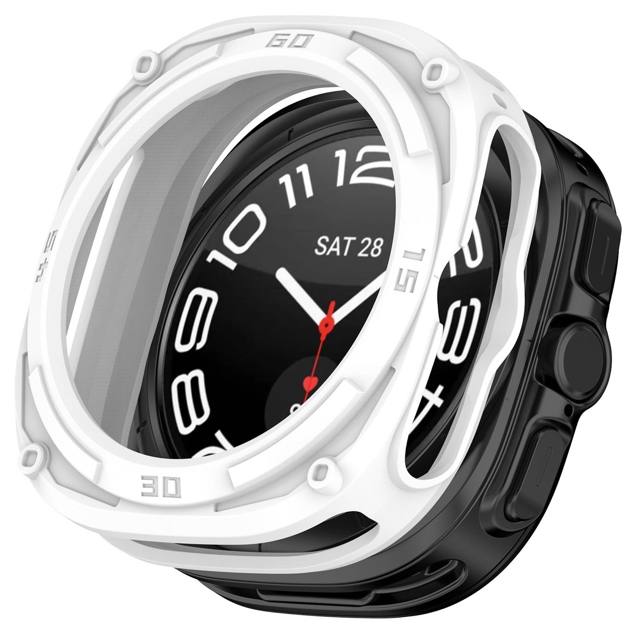 Schwarze runde Smartwatch mit weißem Schutzring, Zifferblatt im Analog-Stil und Datumsanzeige „SA 28