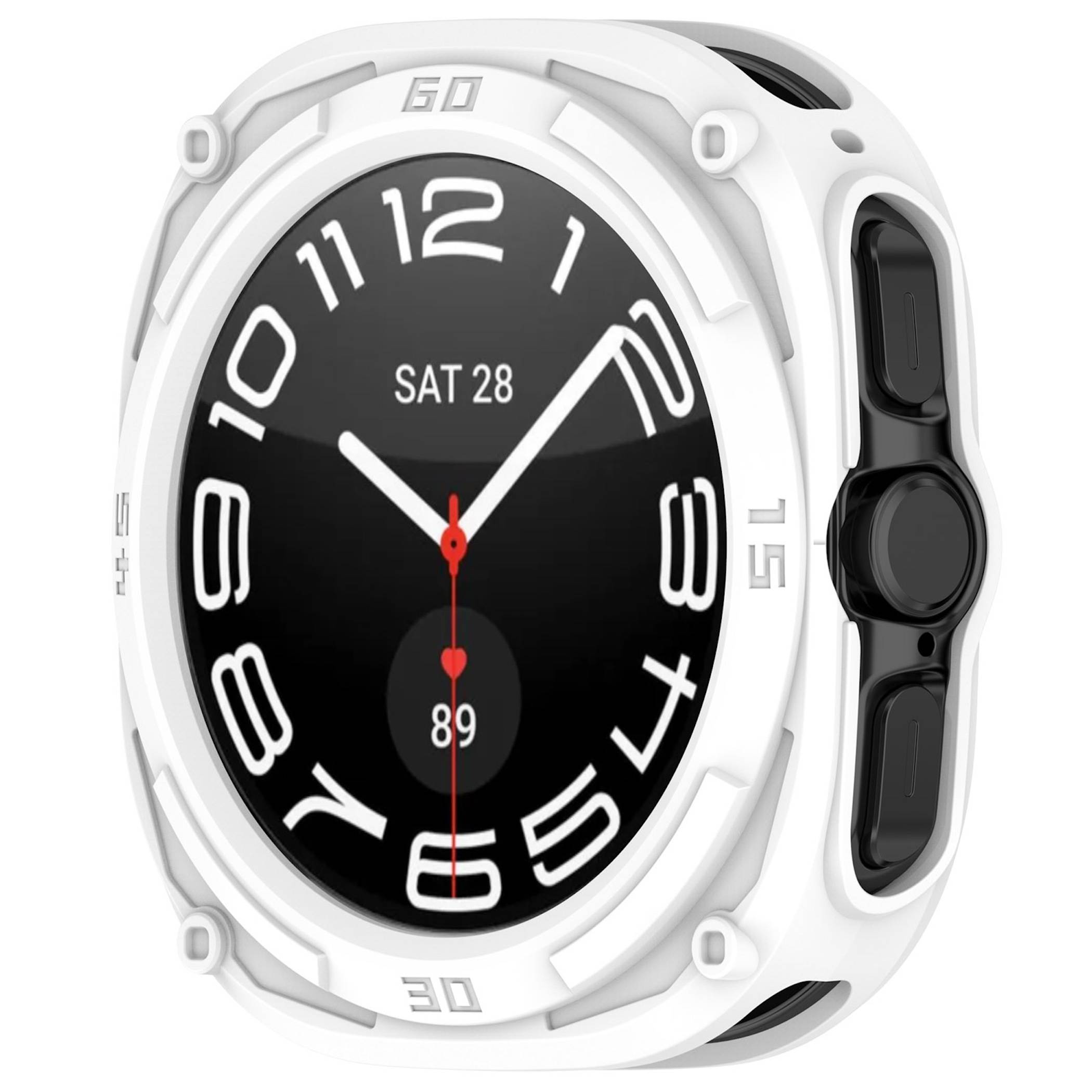 Weiße Smartwatch mit schwarzem Zifferblatt im Analog-Stil, auf dem „SA 28