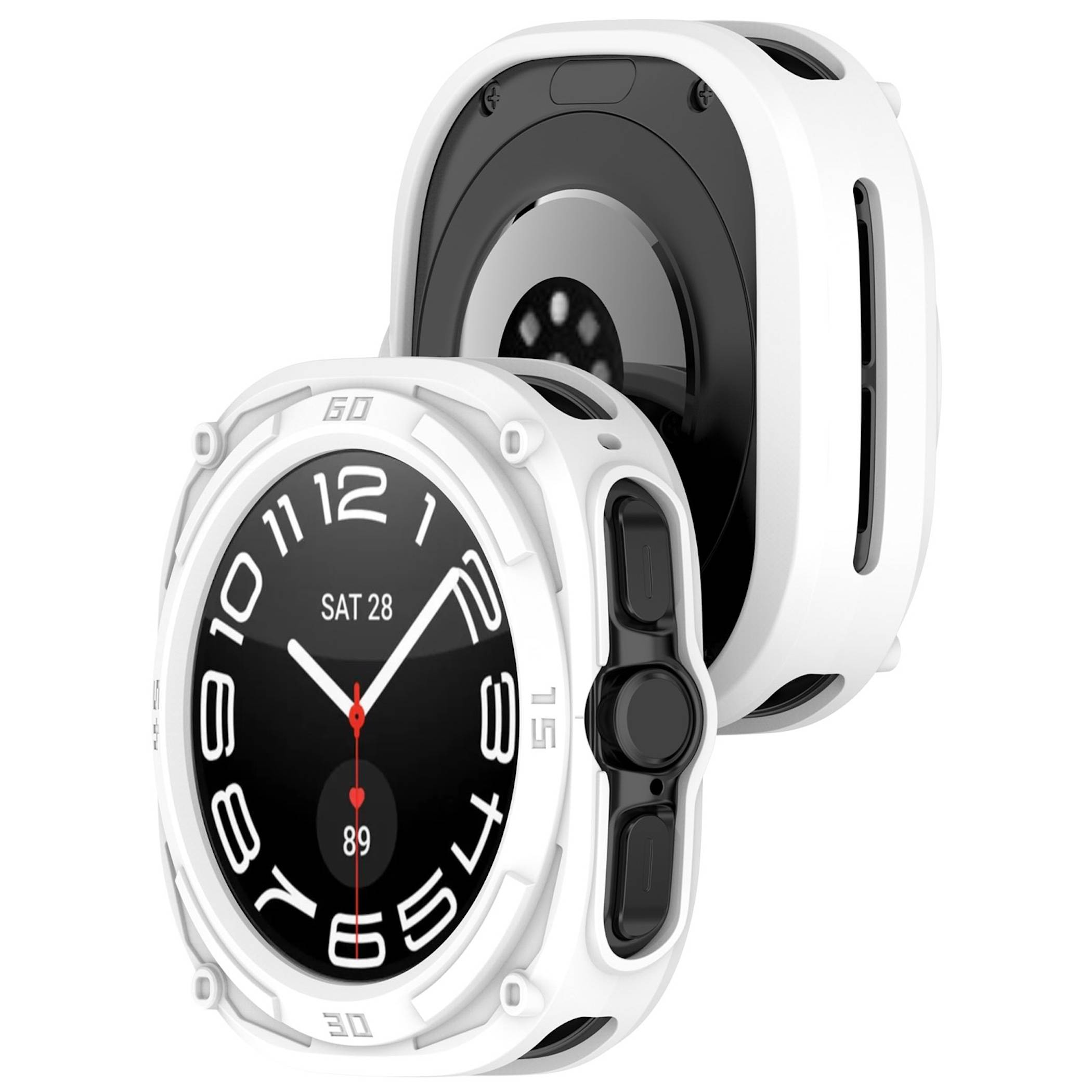 Weiße Smartwatch von vorne und hinten gezeigt, mit rundem schwarzem Zifferblatt mit Analoganzeige, auf dem 