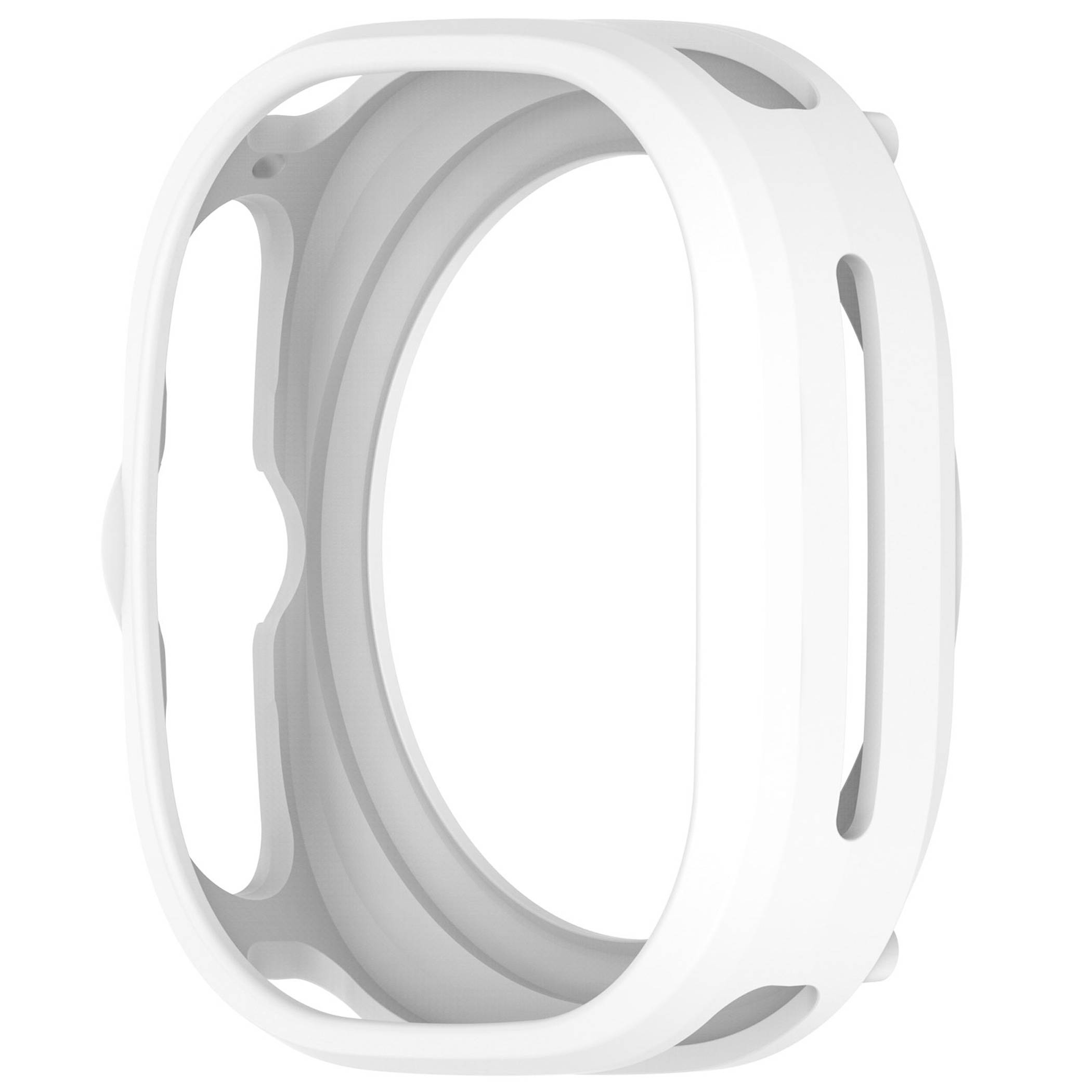 Weiße Silikon-Smartwatch-Schutzhülle mit Ausschnitten, gezeigt in einer angewinkelten Produktansicht auf weißem Hintergrund.