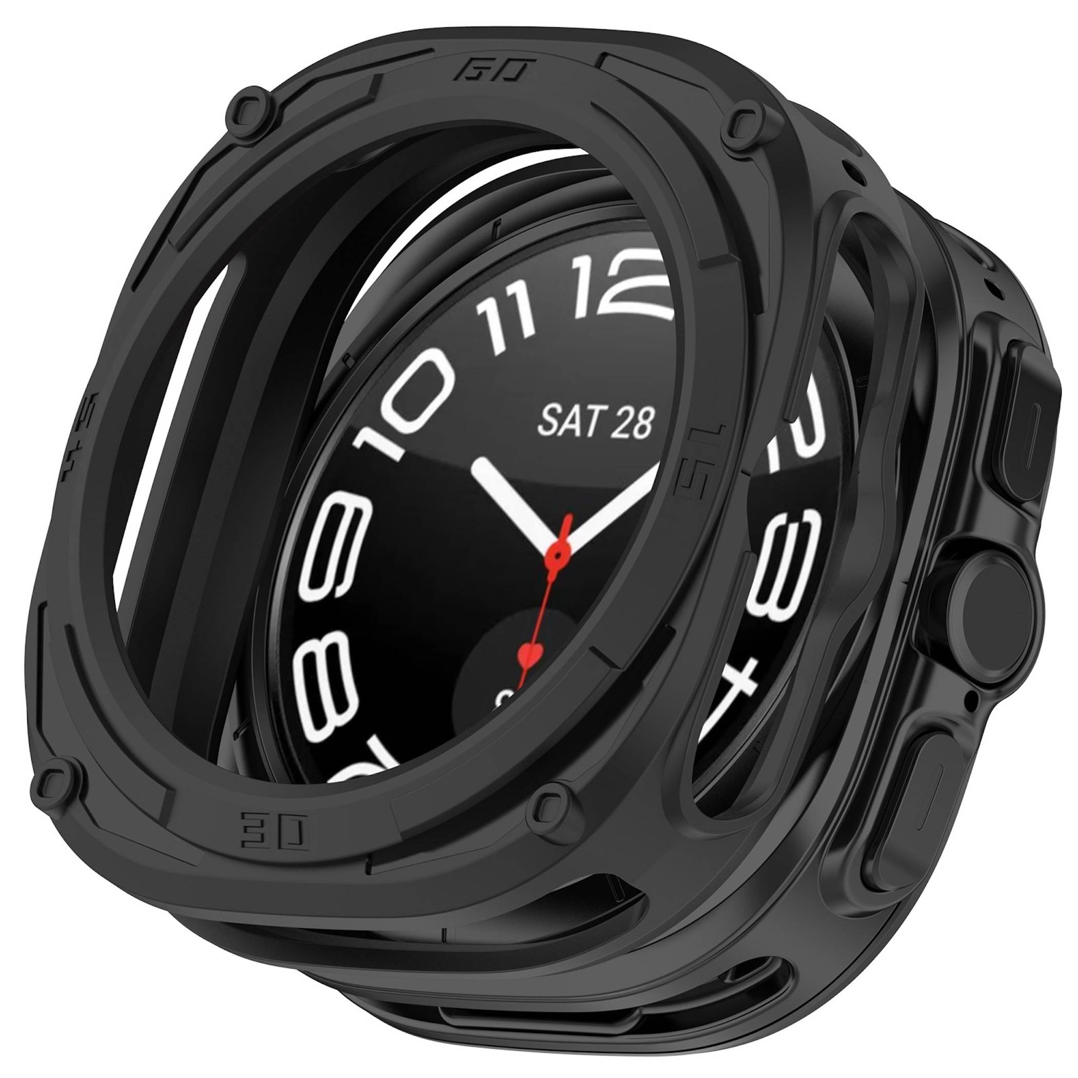 Schwarze robuste digitale Armbanduhr mit großem rundem Zifferblatt, weißen Ziffern, rotem Sekundenzeiger und Seitentasten auf neutralem Hintergrund.