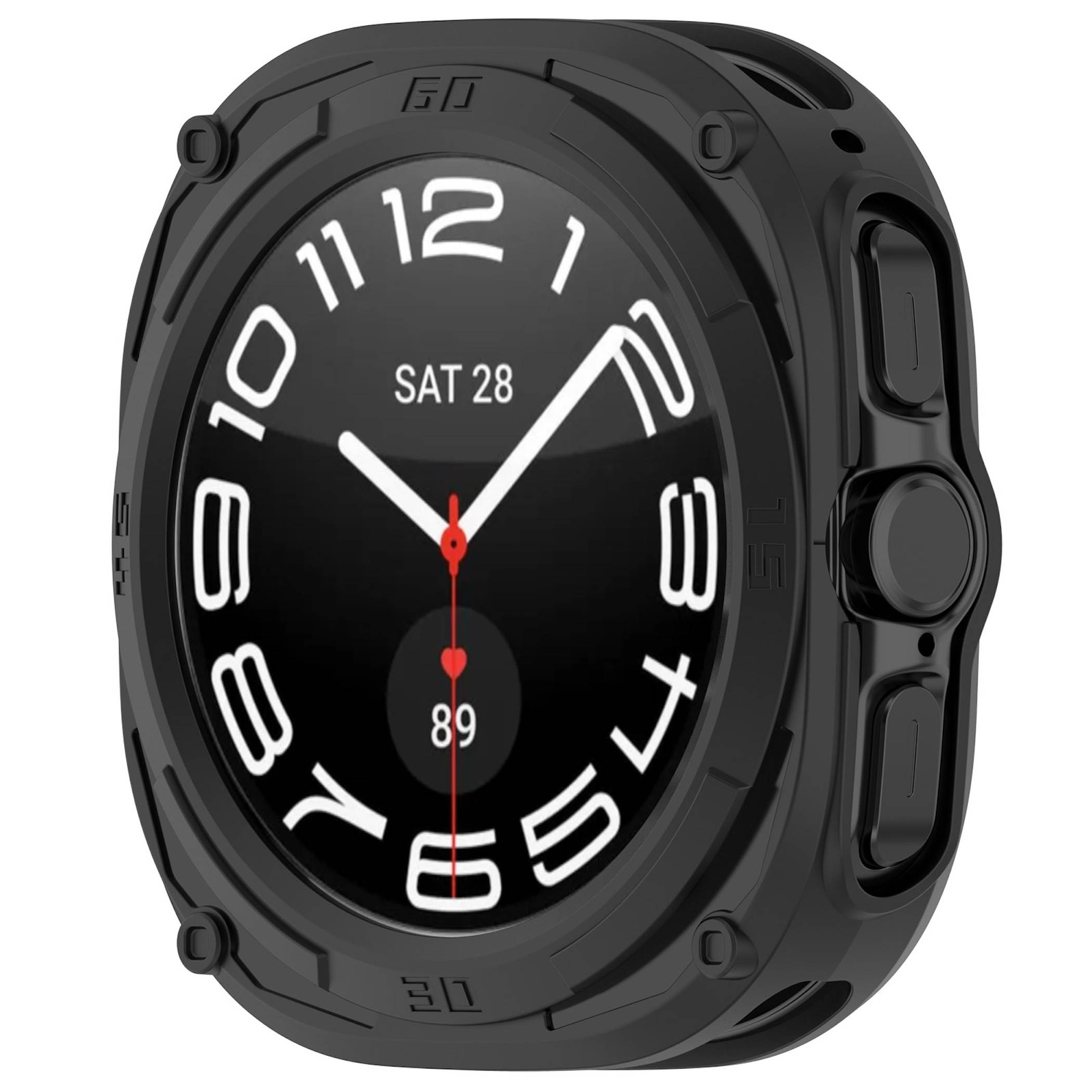 Robuste schwarze Smartwatch mit analogem Zifferblatt, das 'SAT 28' und Herzfrequenz 89 anzeigt; Seitentasten sichtbar.