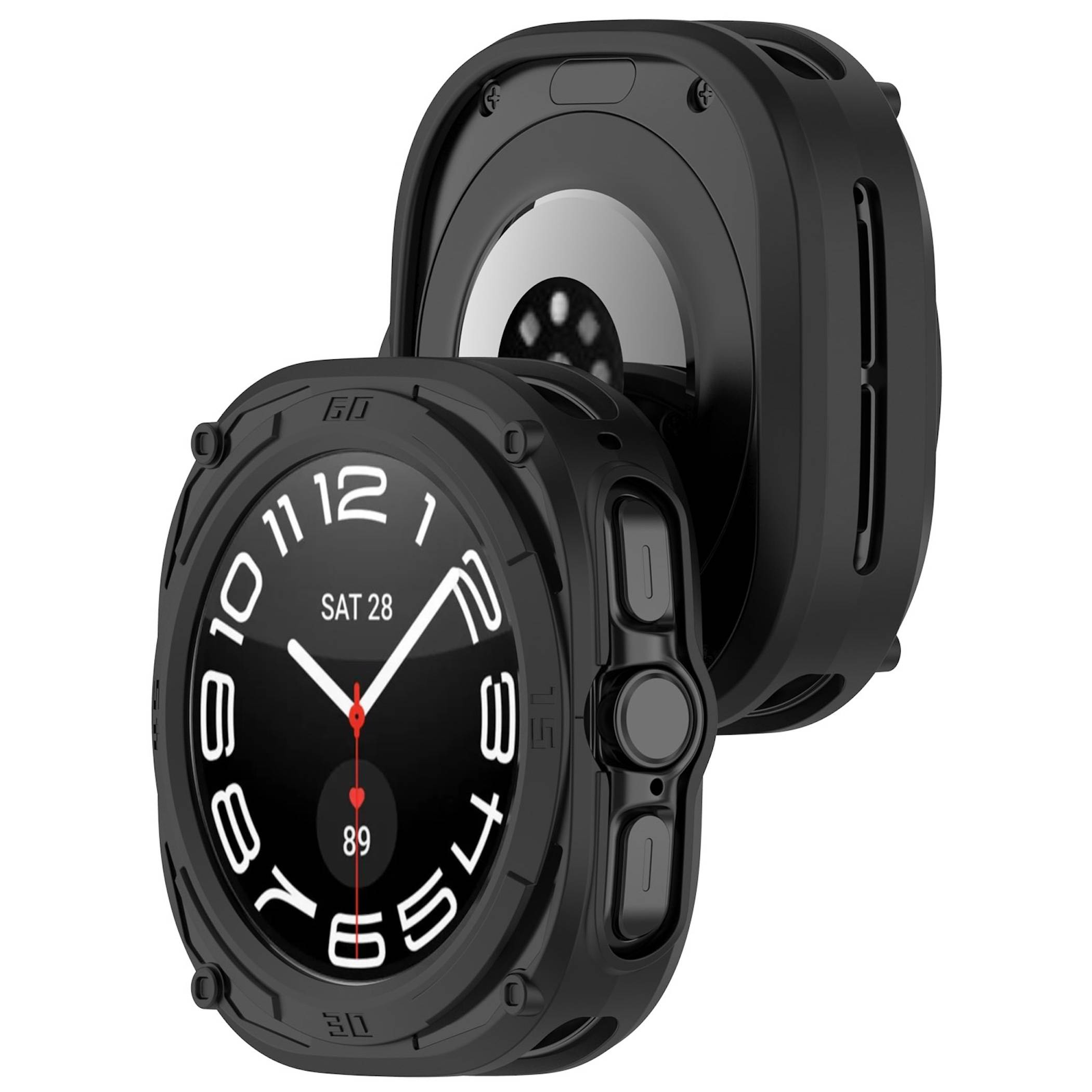 Robuste schwarze Smartwatch von vorne und hinten gezeigt, mit rundem analogem Zifferblatt, das 'SAT 28' und '89' anzeigt.