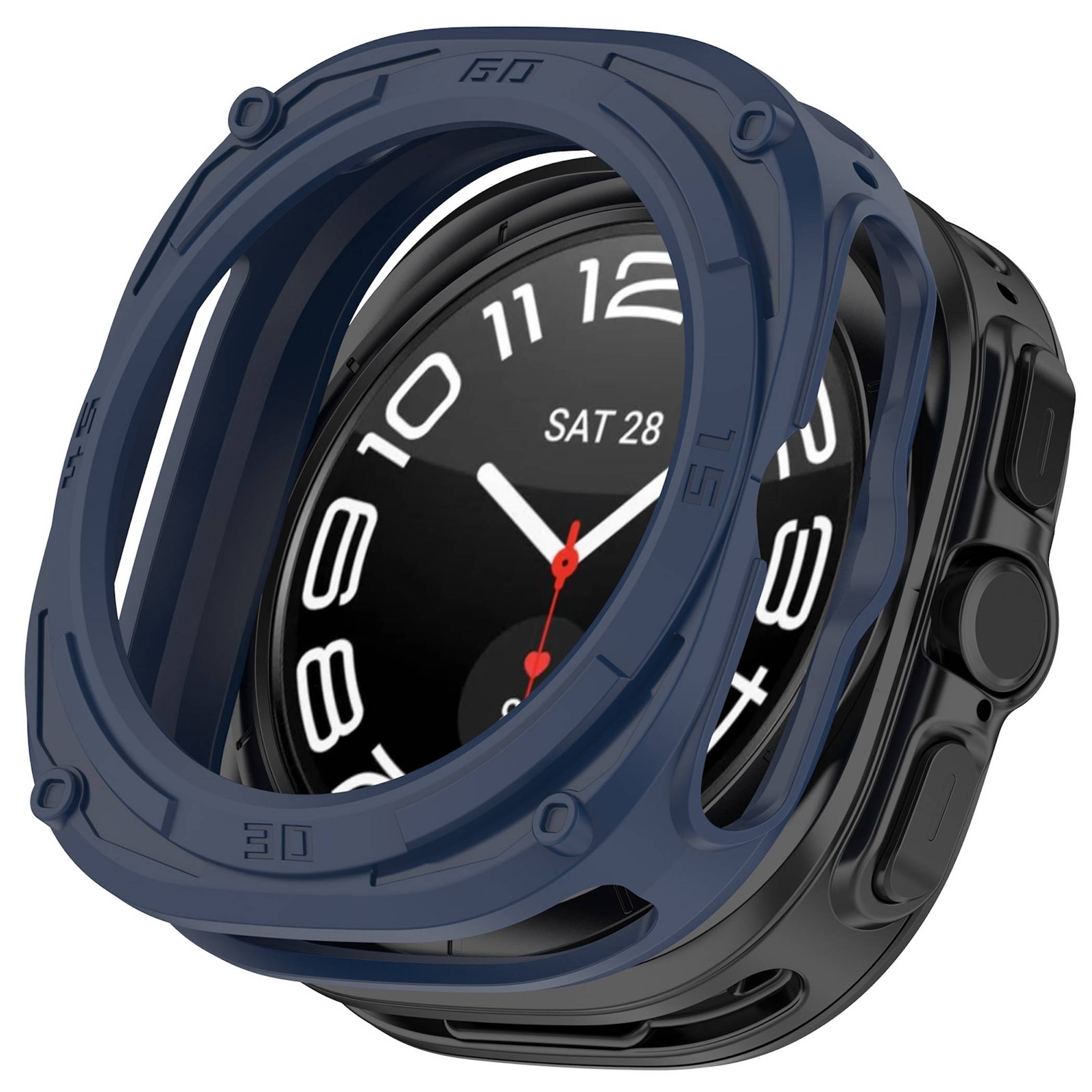 Schwarze Smartwatch mit dunkelblauem Schutzring; rundes Zifferblatt im Analogstil zeigt „SAT 28