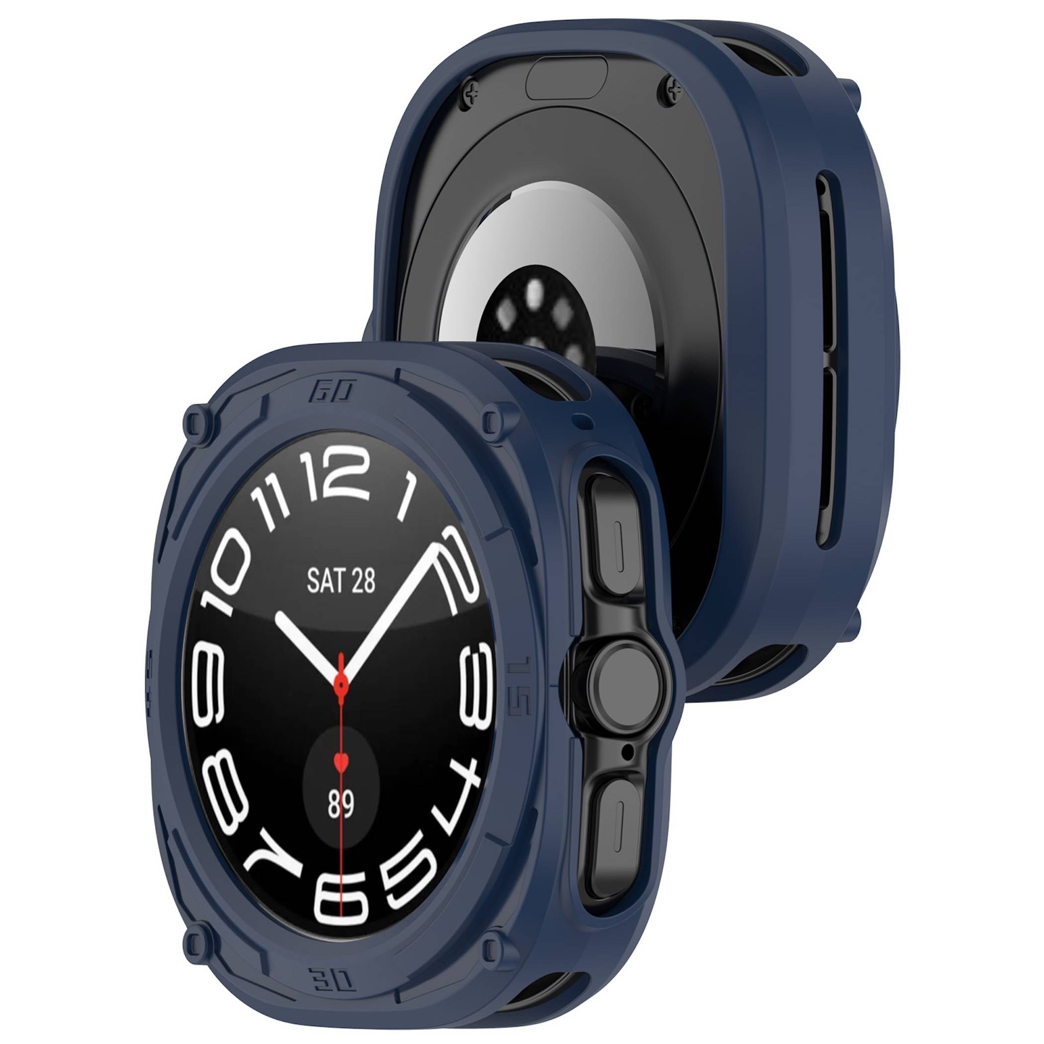 Robuste blaue Smartwatch, von vorne und hinten dargestellt, mit rundem analogem Display, Datum „SA 28