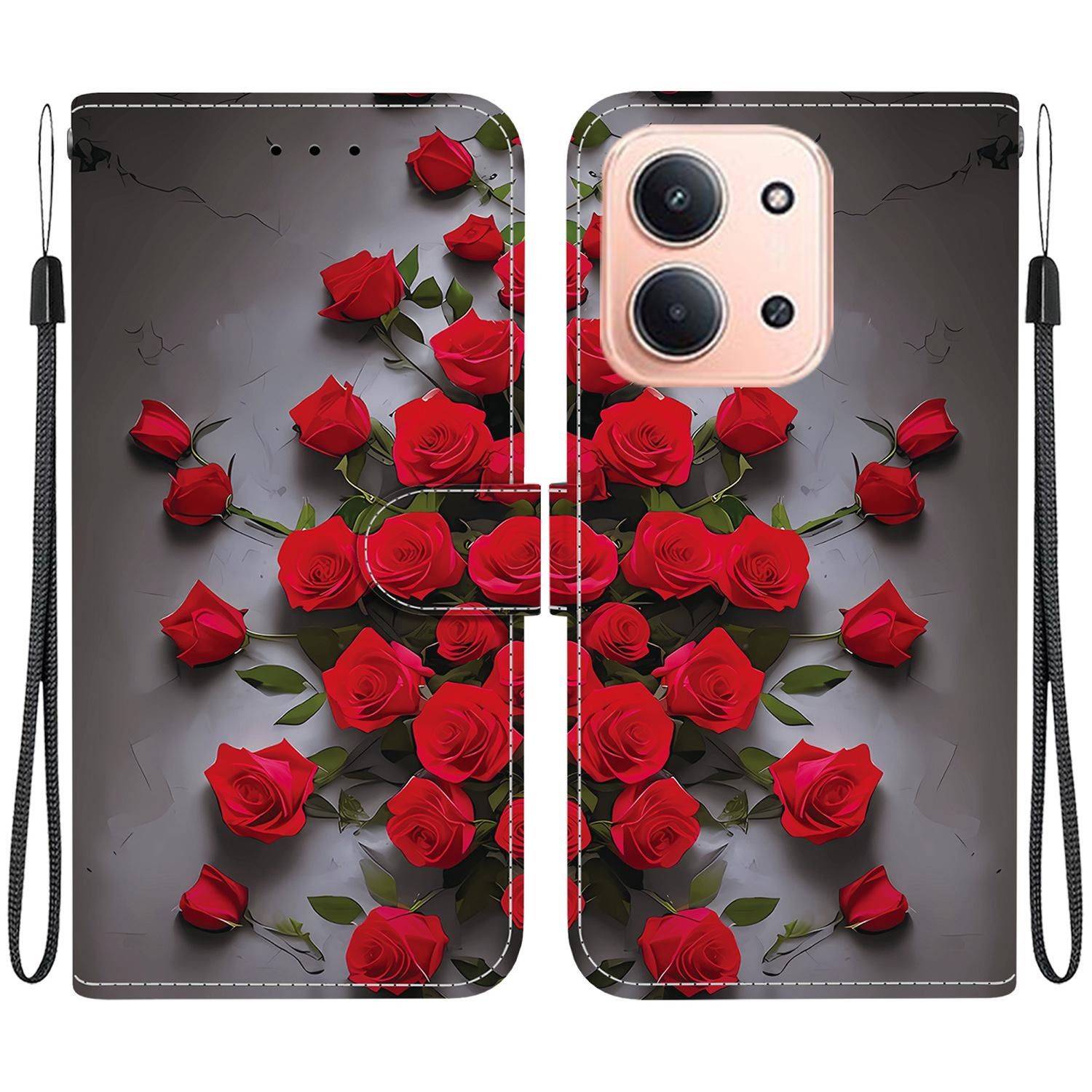 Blumiger Telefon-Geldbörsen-Etui mit roten Rosen auf dunklem Hintergrund und einer Aussparung für ein Telefon mit Dual-Kamera.