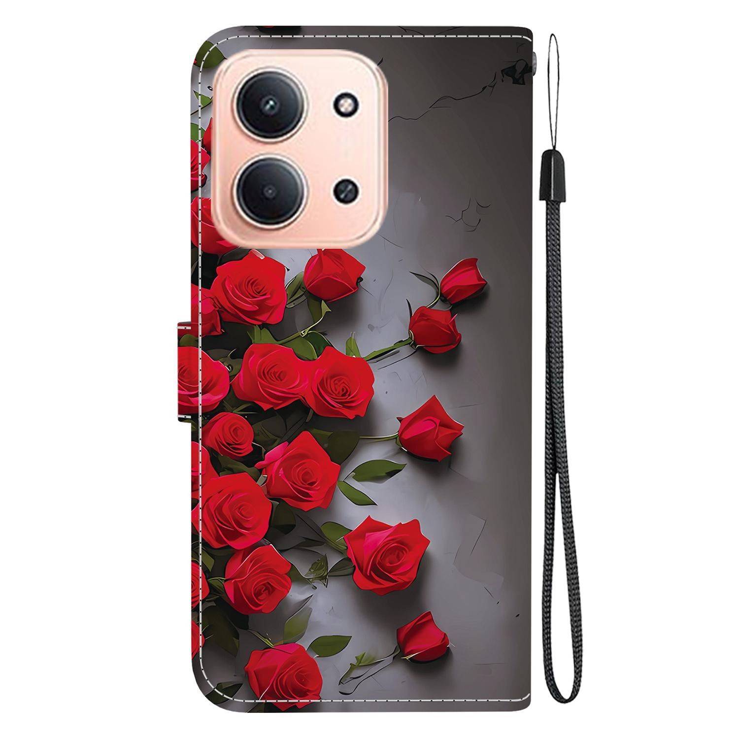 Handyhülle mit roten Rosen auf dunklem Hintergrund, gezeigt mit schwarzem Handgelenksriemen und doppeltem Kamera-Ausschnitt.