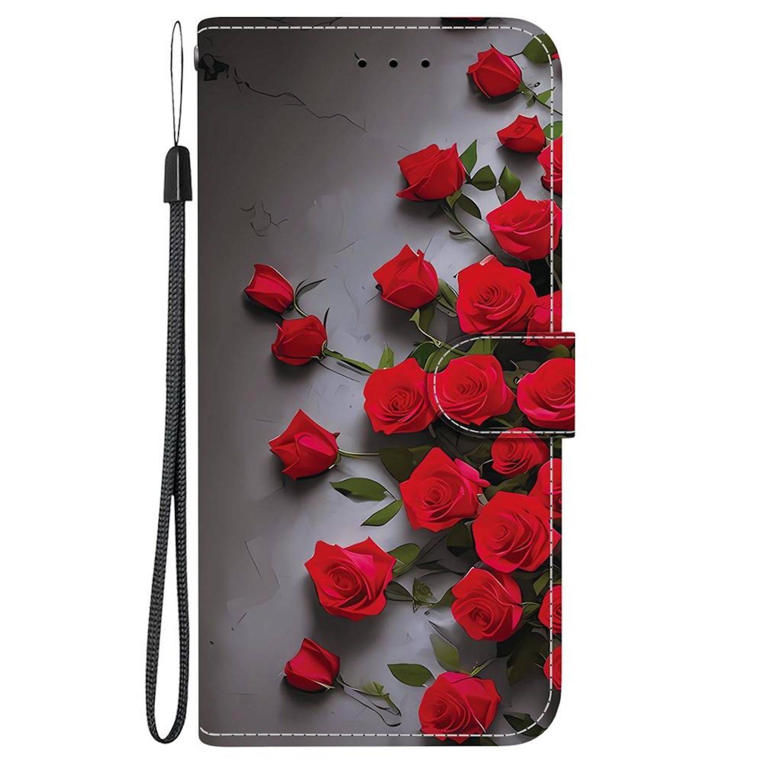 Schwarze Handyhülle mit roten Rosen und schwarzem Handgelenksriemen, Vorderansicht.