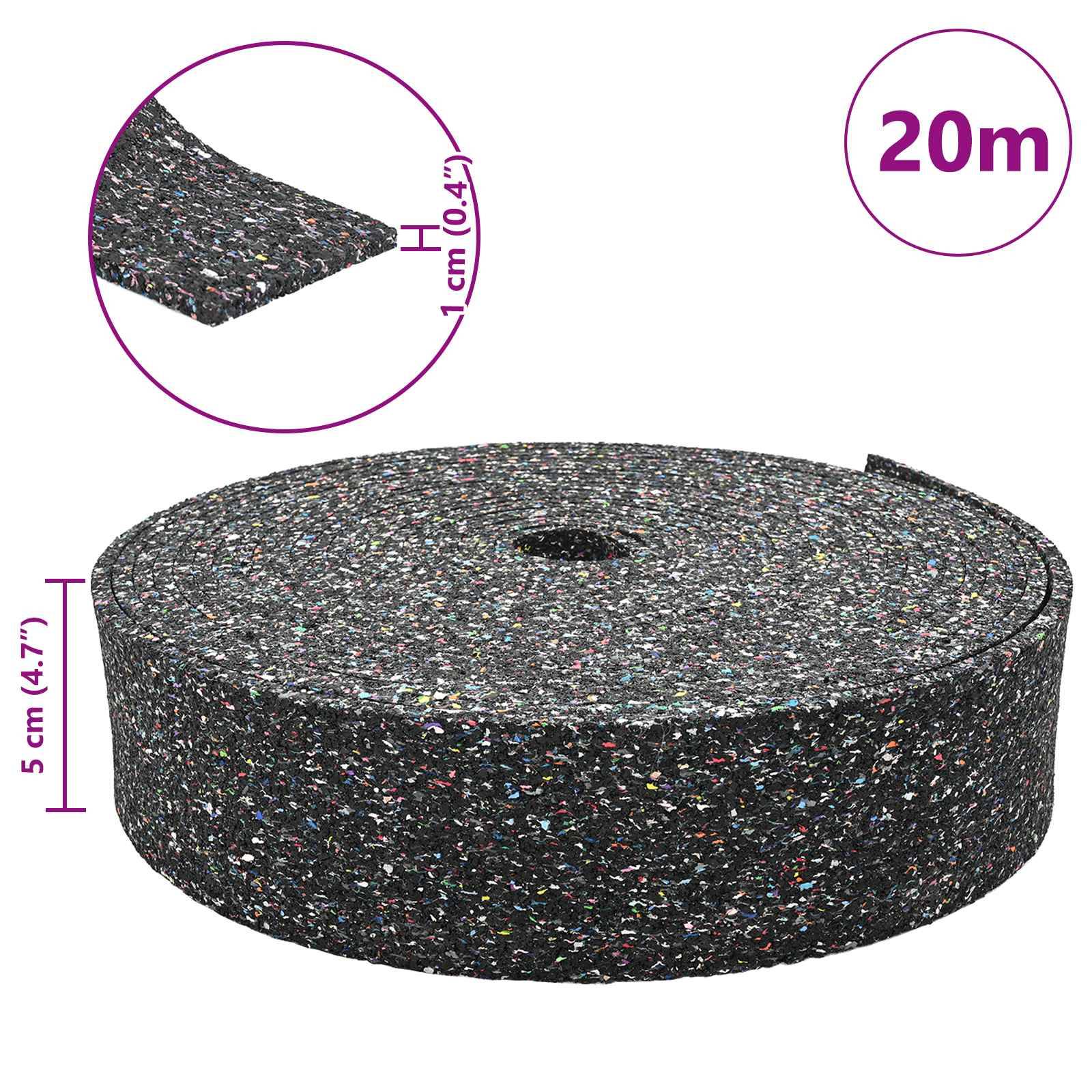 Eine Rolle schwarzer Schaumstoffmatte, dargestellt als ein 20 m langer Zylinder mit 5 cm Dicke und 1 cm Querschnittsdetail.