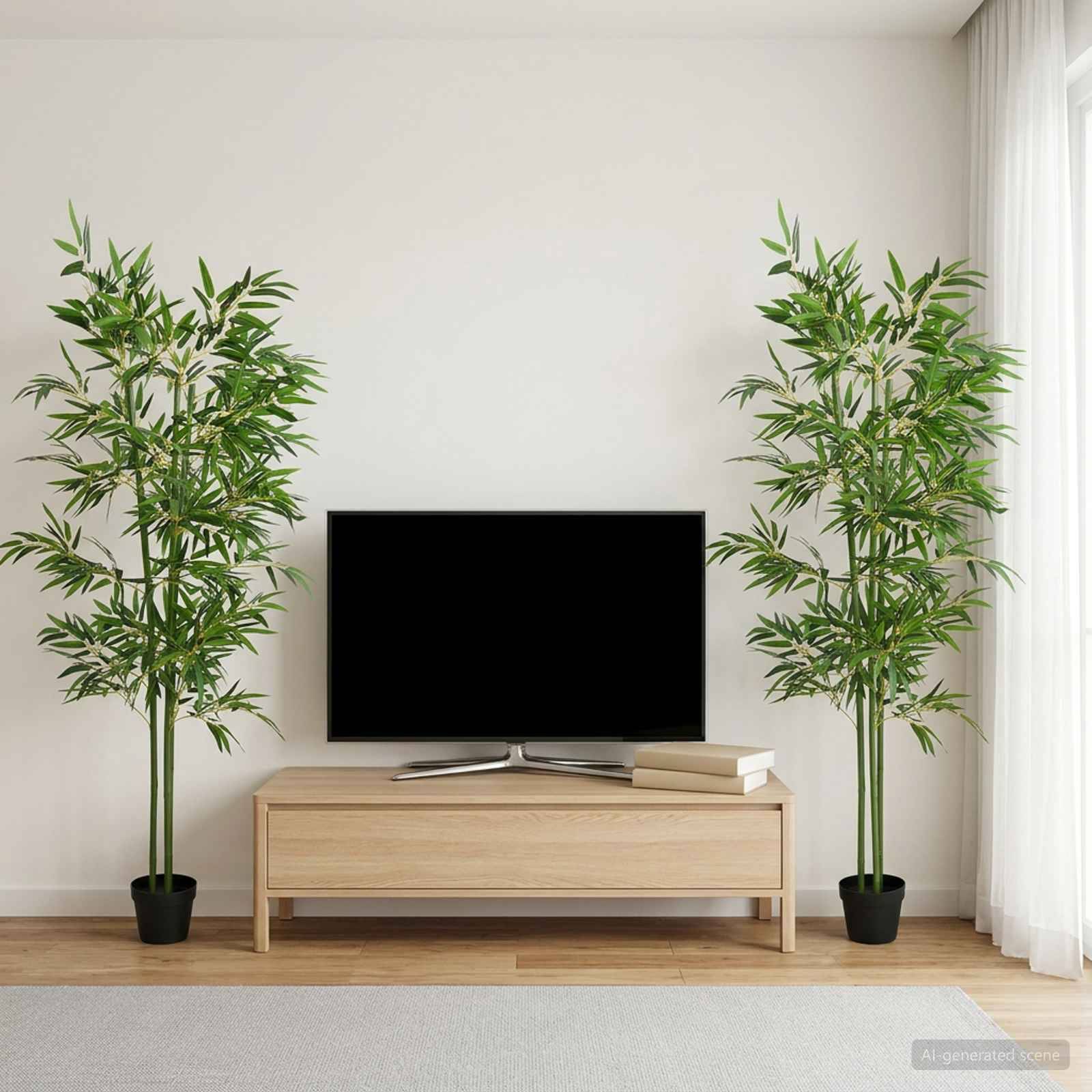 Minimalistisches Wohnzimmer mit einem ausgeschalteten Fernseher auf einem niedrigen Holzständer, flankiert von zwei hohen Topfpflanzen neben einem Fenster mit durchsichtigen Vorhängen.