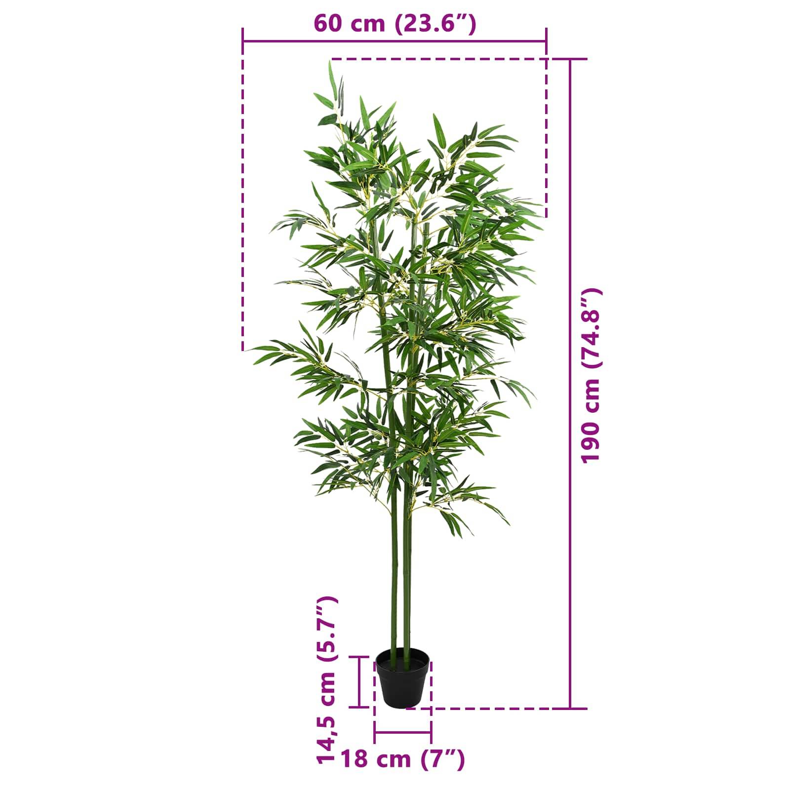 Künstliche Bambuspflanze in einem schwarzen Topf, gezeigt mit Abmessungen: 190 cm Höhe, 60 cm Breite, Topf 14,5 cm hoch und 18 cm breit.