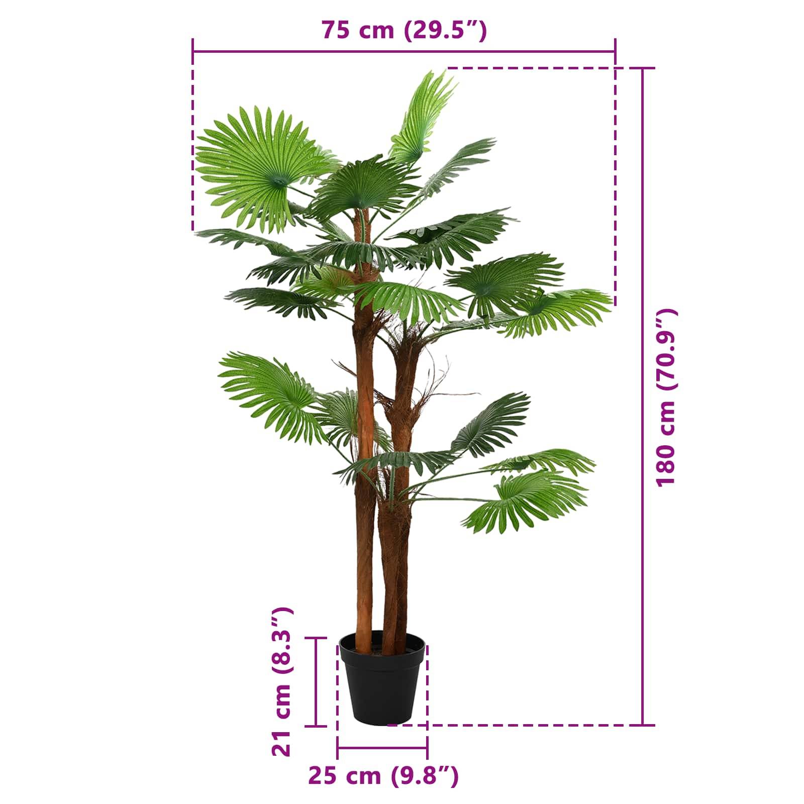 Künstliche Topfpalme mit beschrifteten Abmessungen: 180 cm hoch, 75 cm breit und 25 cm Topfdurchmesser.