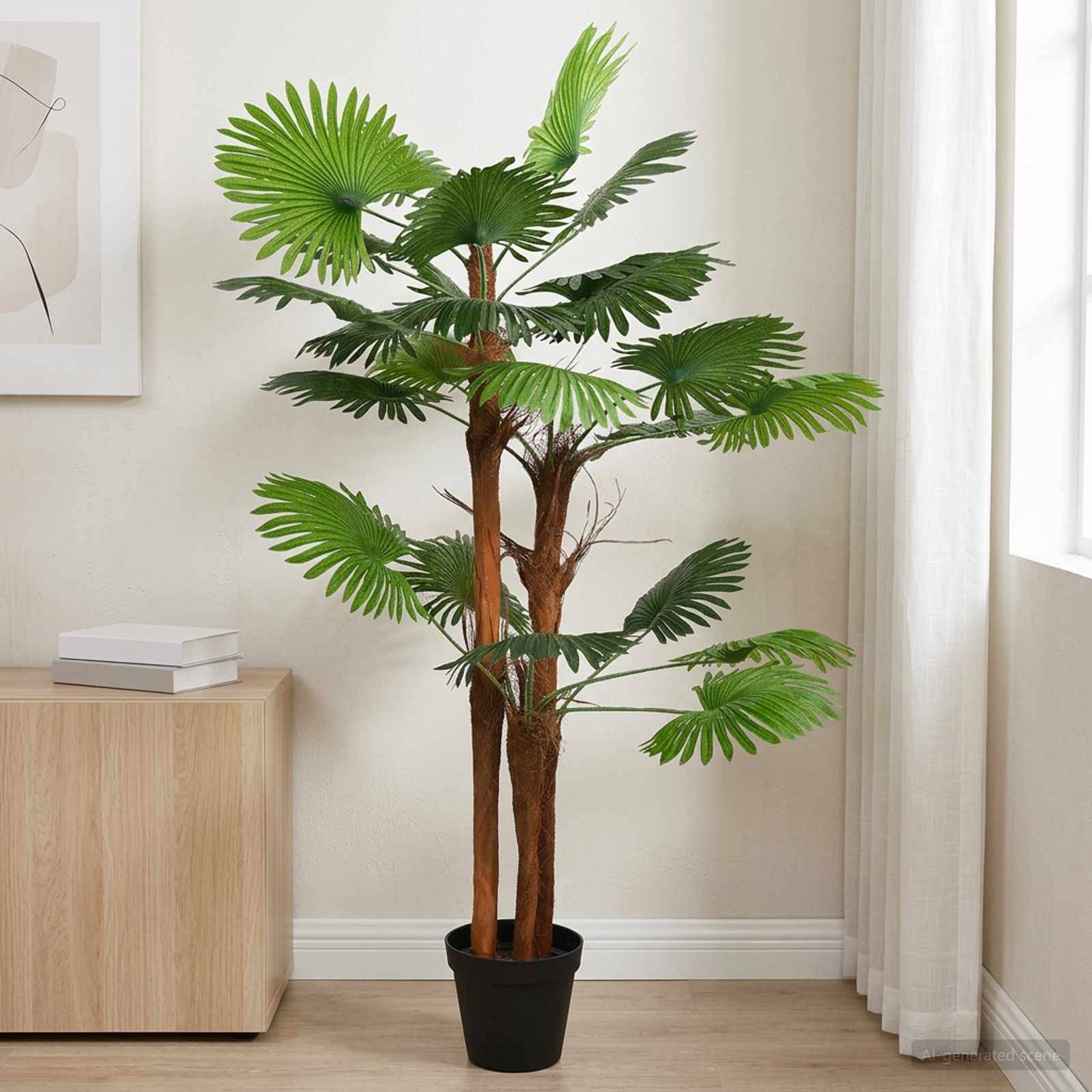 Hohe künstliche Palme in einem Topf in einem schwarzen Pflanzgefäß neben einem Schrank und Fenster in einem hellen Raum.