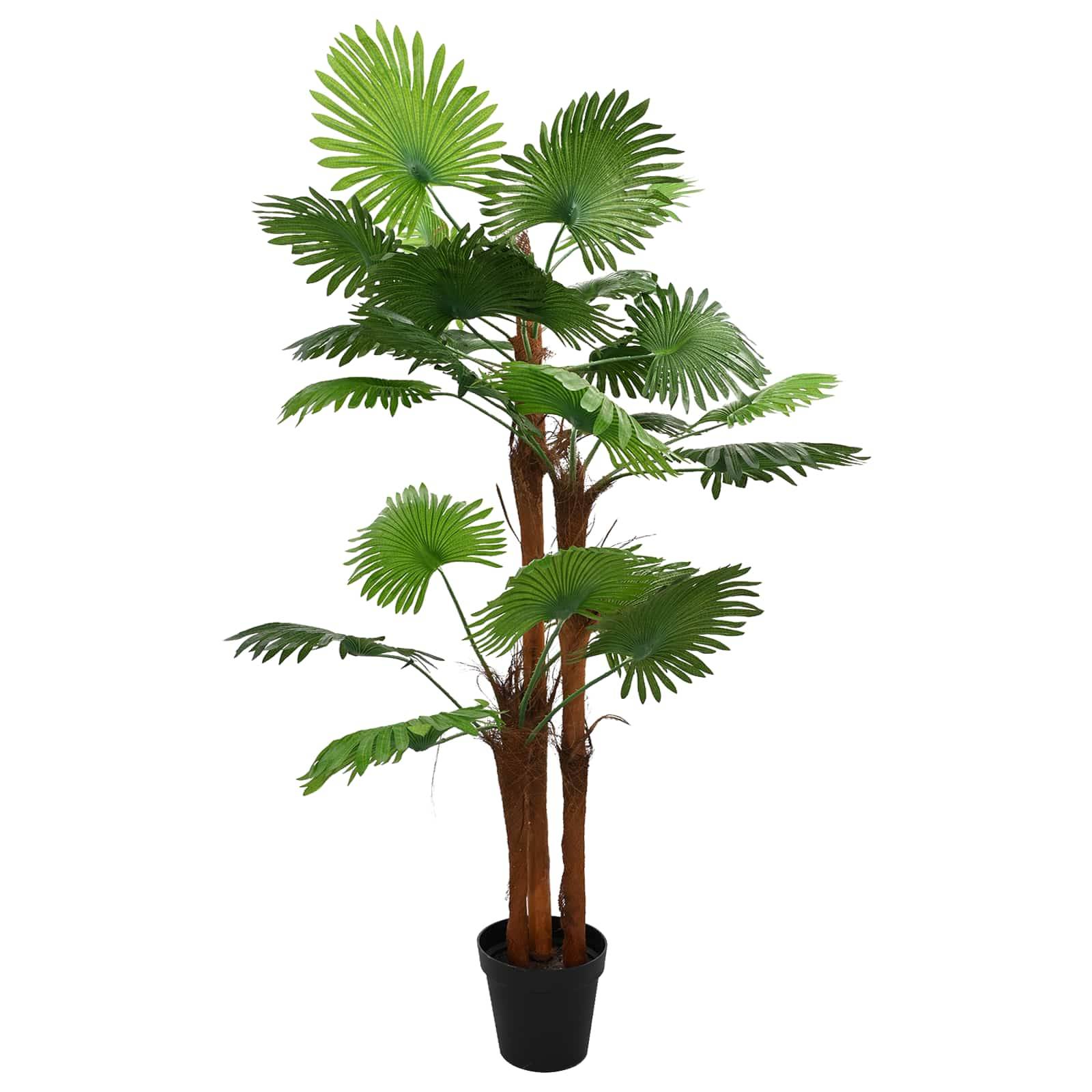 Künstliche Palme im Topf mit mehreren braunen Stämmen und großen grünen fächerförmigen Blättern auf weißem Hintergrund.
