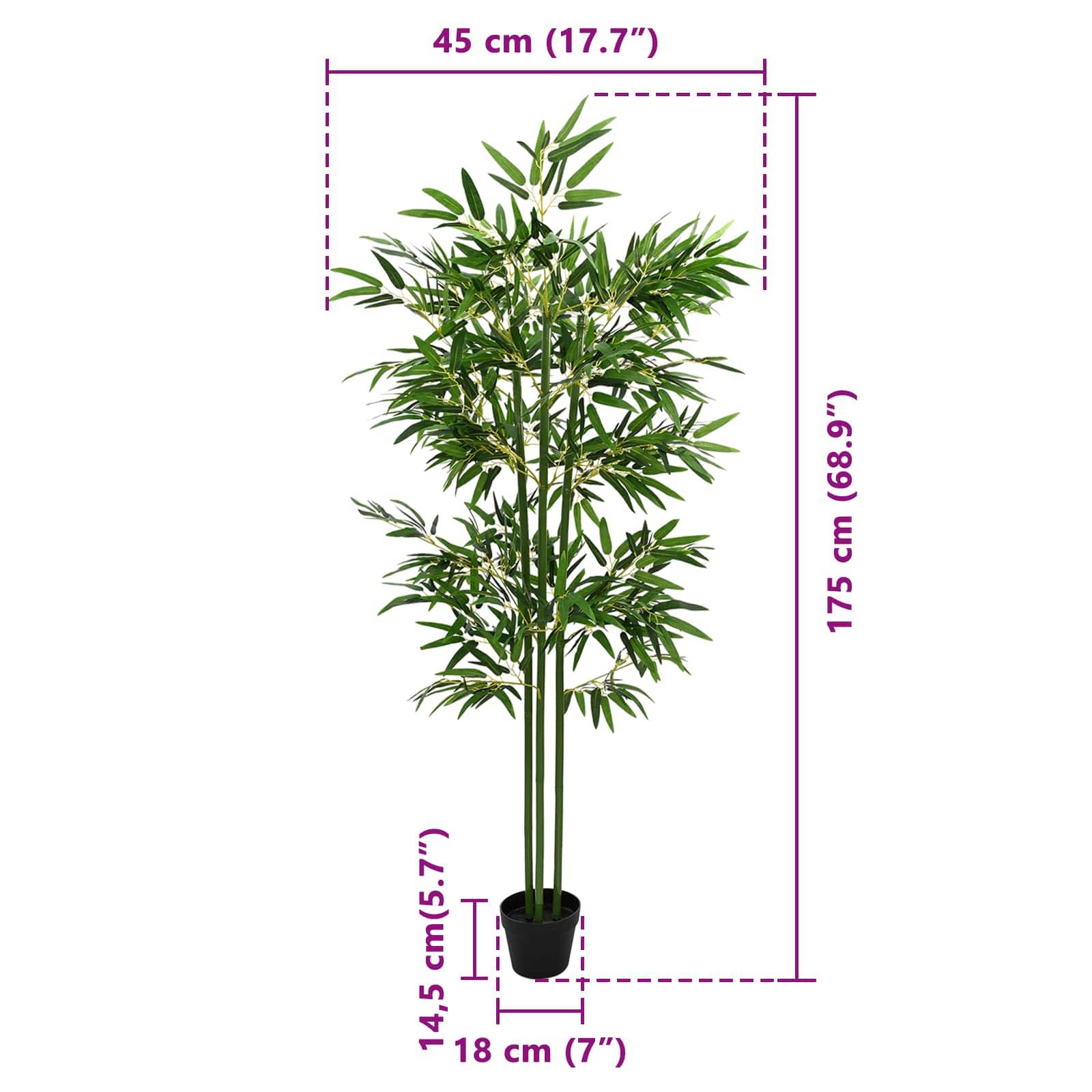 Künstliche Bambuspflanze im Topf mit Angaben: 175 cm hoch, 45 cm breit und 18 cm Topfdurchmesser.