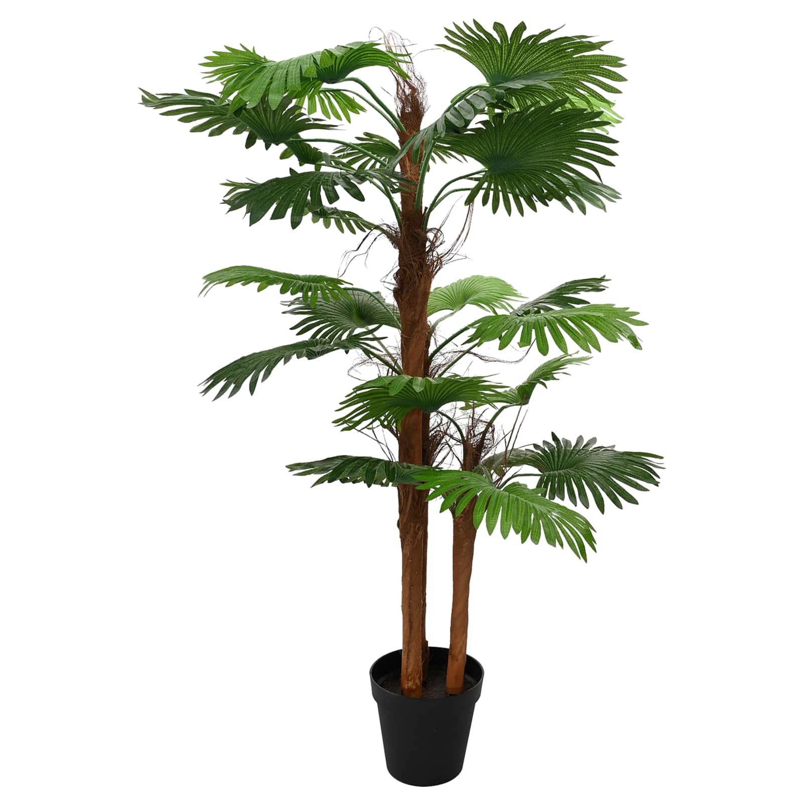 Künstliche Palme im Topf mit mehreren Stämmen und breiten grünen Fronds auf weißem Hintergrund.