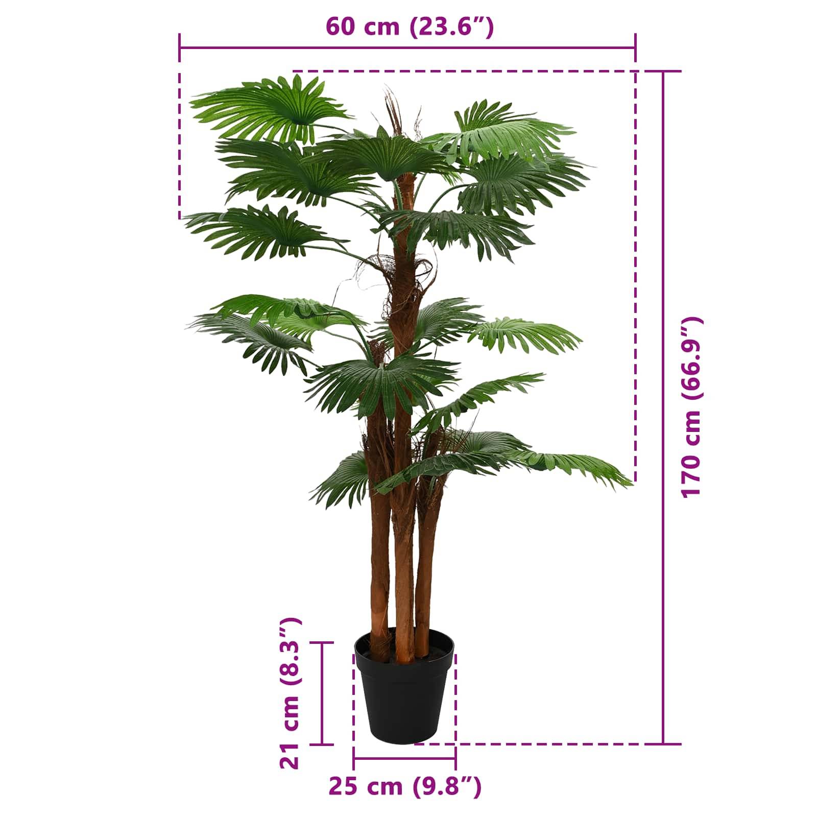 Künstliche Palme im Topf mit markierten Abmessungen: 170 cm hoch, 60 cm breit, 25 cm Topfbreite, 21 cm Topfhöhe.