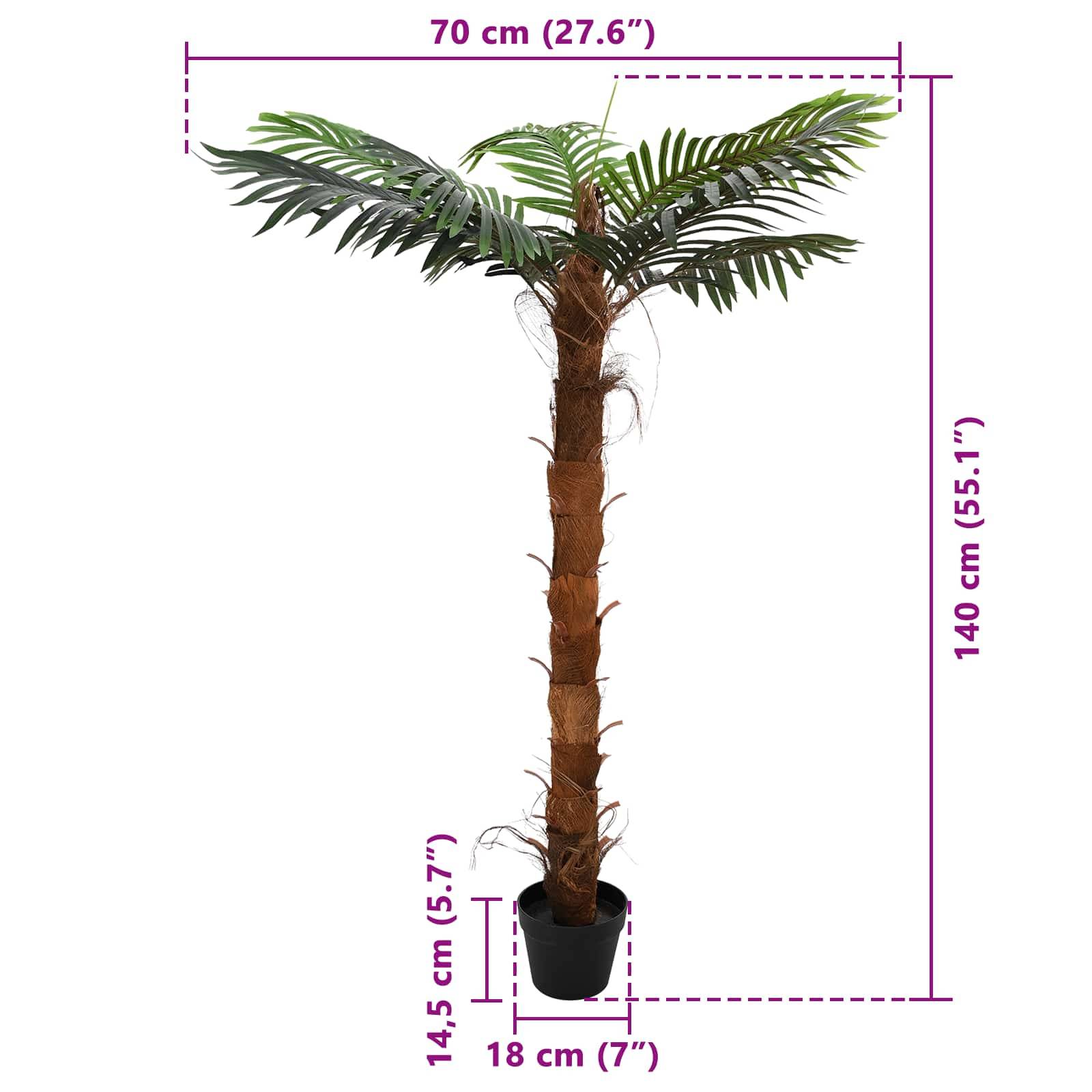 Künstliche Palme in einem schwarzen Topf mit beschrifteten Abmessungen: 140 cm Höhe und 70 cm Breite; Topf ist 18 cm breit und 14,5 cm hoch.