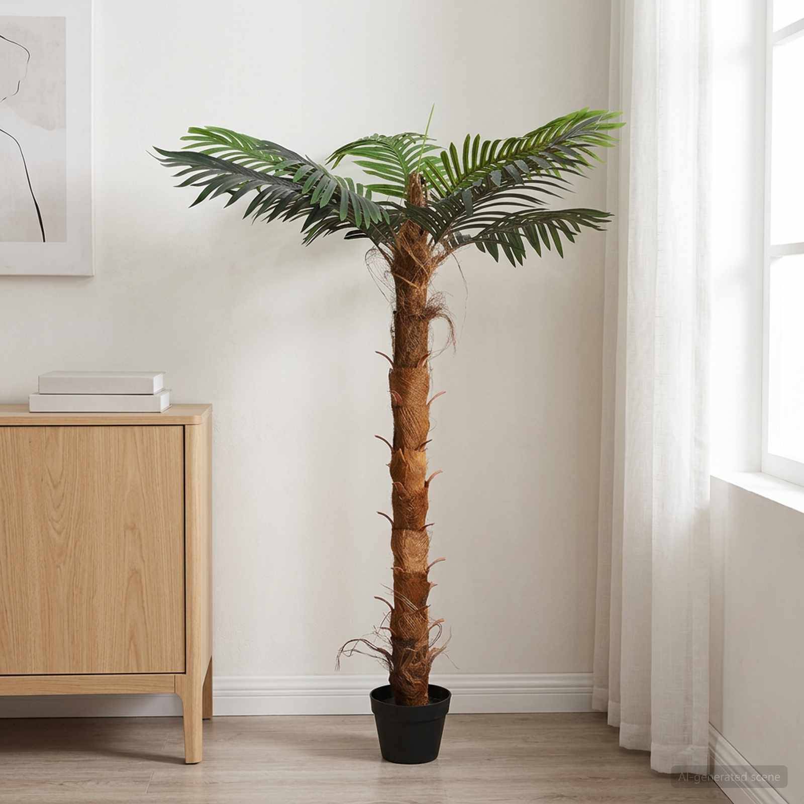 Großer künstlicher Palmenbaum in einem Topf neben einem Holzschrank in einem hellen, minimalistischen Raum in der Nähe eines Fensters.