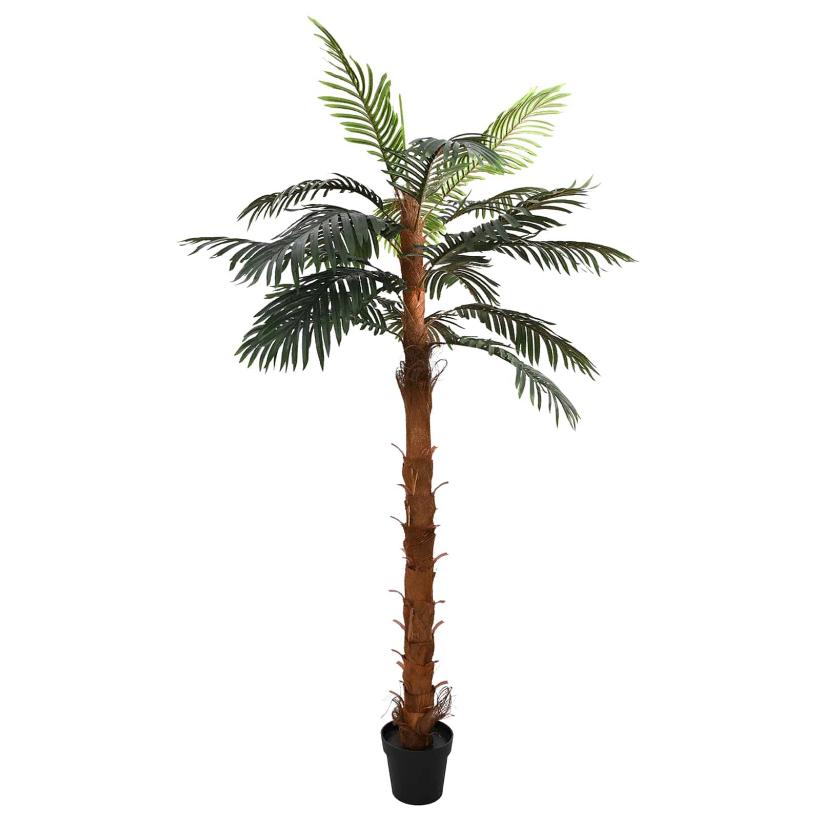 Großer künstlicher Palmbaum in einem schwarzen Topf vor weißem Hintergrund.