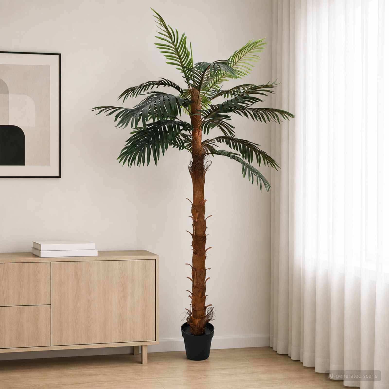 Große Palme im Topf in einem minimalistischen Raum neben einem hellem Holzschrank, Wandkunst im Rahmen und transparenten Vorhängen.