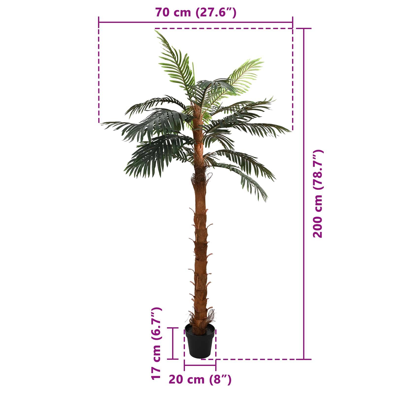 Künstliche Palme im Topf mit markierten Abmessungen: 200 cm hoch und 70 cm breit, Topf 17 cm hoch und 20 cm breit.