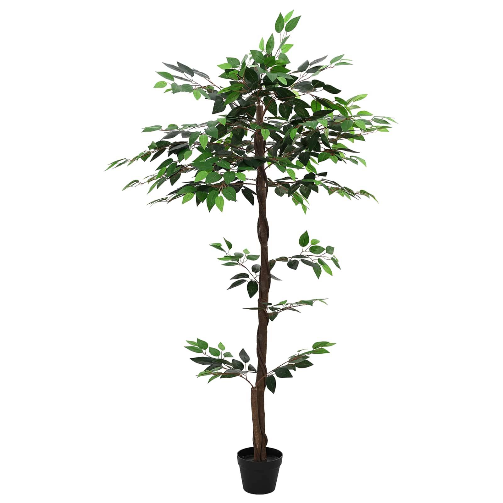 Getopfter künstlicher Baum mit schlankem braunem Stamm und grünen Blättern auf einfachem weißen Hintergrund.