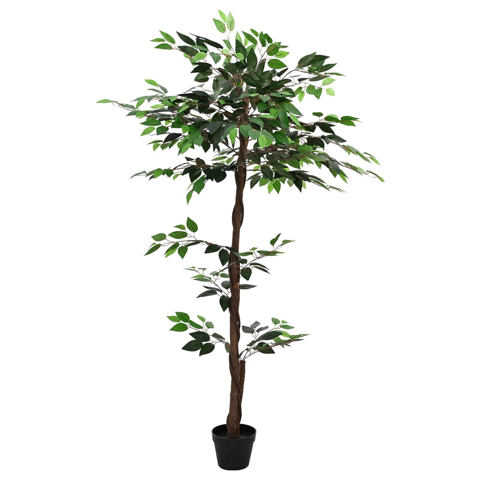 Großer künstlicher Baum im Topf mit schlankem Stamm und grünen Blättern auf weißem Hintergrund.