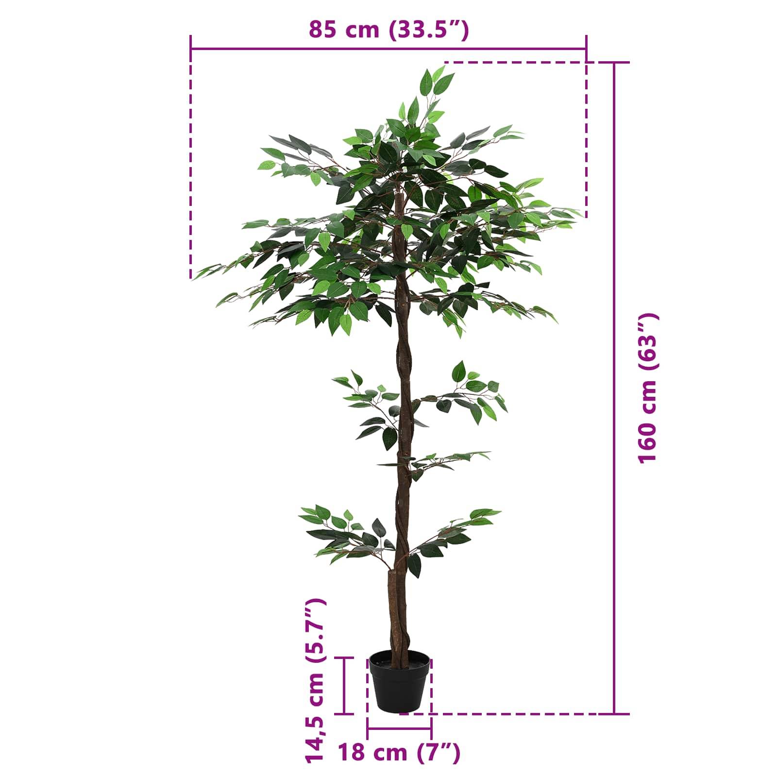 Künstlicher Baum im Topf mit beschrifteten Abmessungen: 160 cm groß, 85 cm breit, und Topf 14,5 cm hoch und 18 cm breit.