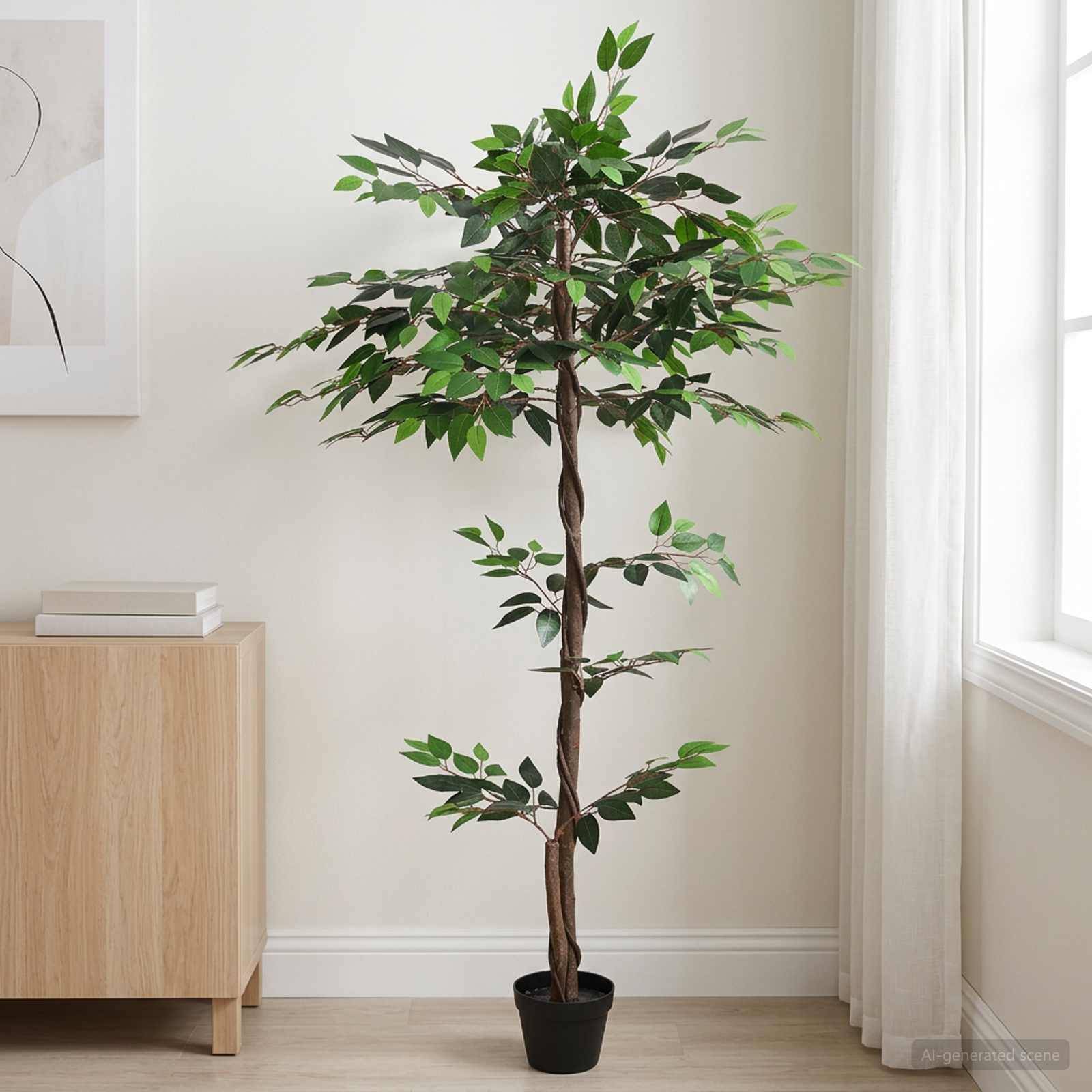 Künstlicher Topfbaum mit geflochtenem Stamm, der in einem hellen Zimmer neben einem Schrank und einem Fenster steht.
