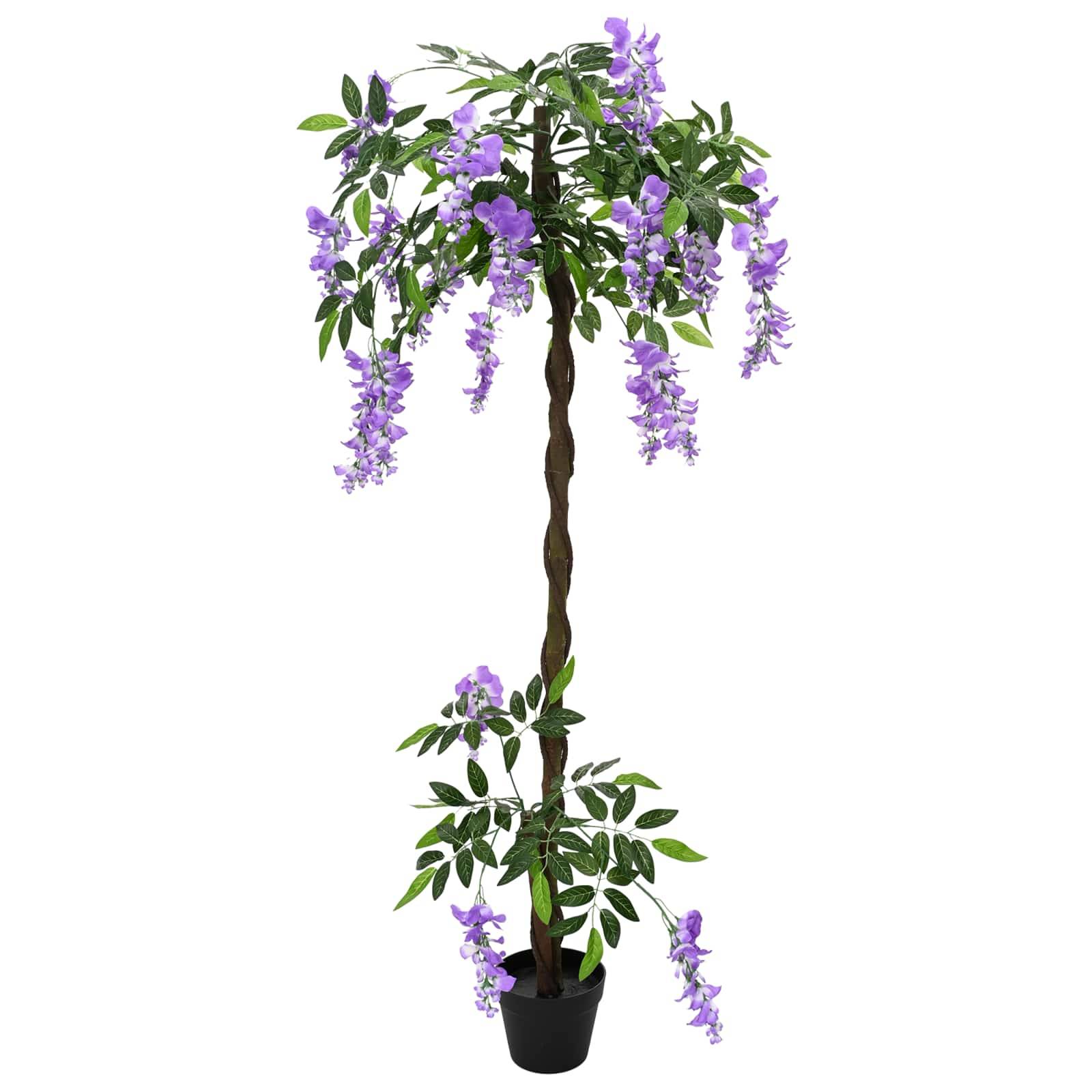 Künstliche Blütenpflanze im Topf mit gedrehtem Stamm, grünen Blättern und kaskadenförmigen violetten Blüten auf weißem Hintergrund.