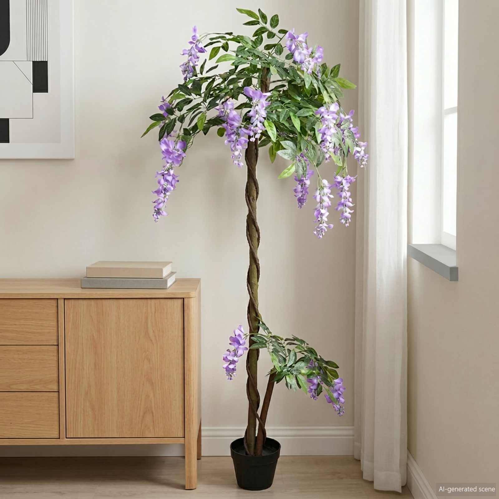 Künstliche Glyzinien-Topfpflanze mit lila Blüten und gedrehtem Stamm in einem schwarzen Topf neben einem Holzschrank in der Nähe eines Fensters.