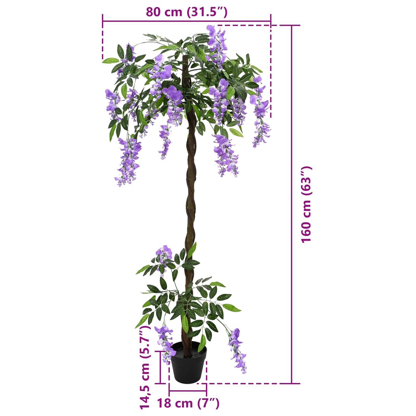 Künstlicher purpurblühender Topfbaum mit geflochtenem Stamm, gezeigt mit Abmessungen: 160 cm Höhe, 80 cm Breite, 18 cm Topfdurchmesser.