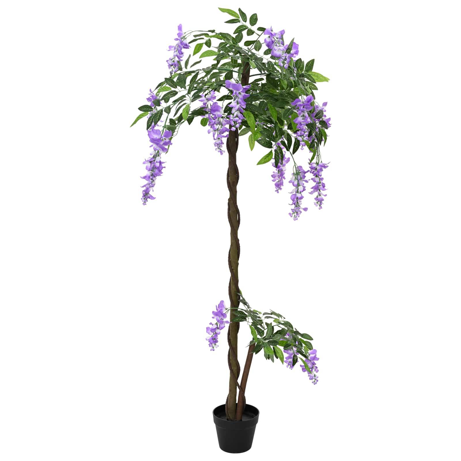 Getopfte dekorative künstliche Pflanze mit gedrehtem Stamm und hängenden violetten Blüten auf weißem Hintergrund.