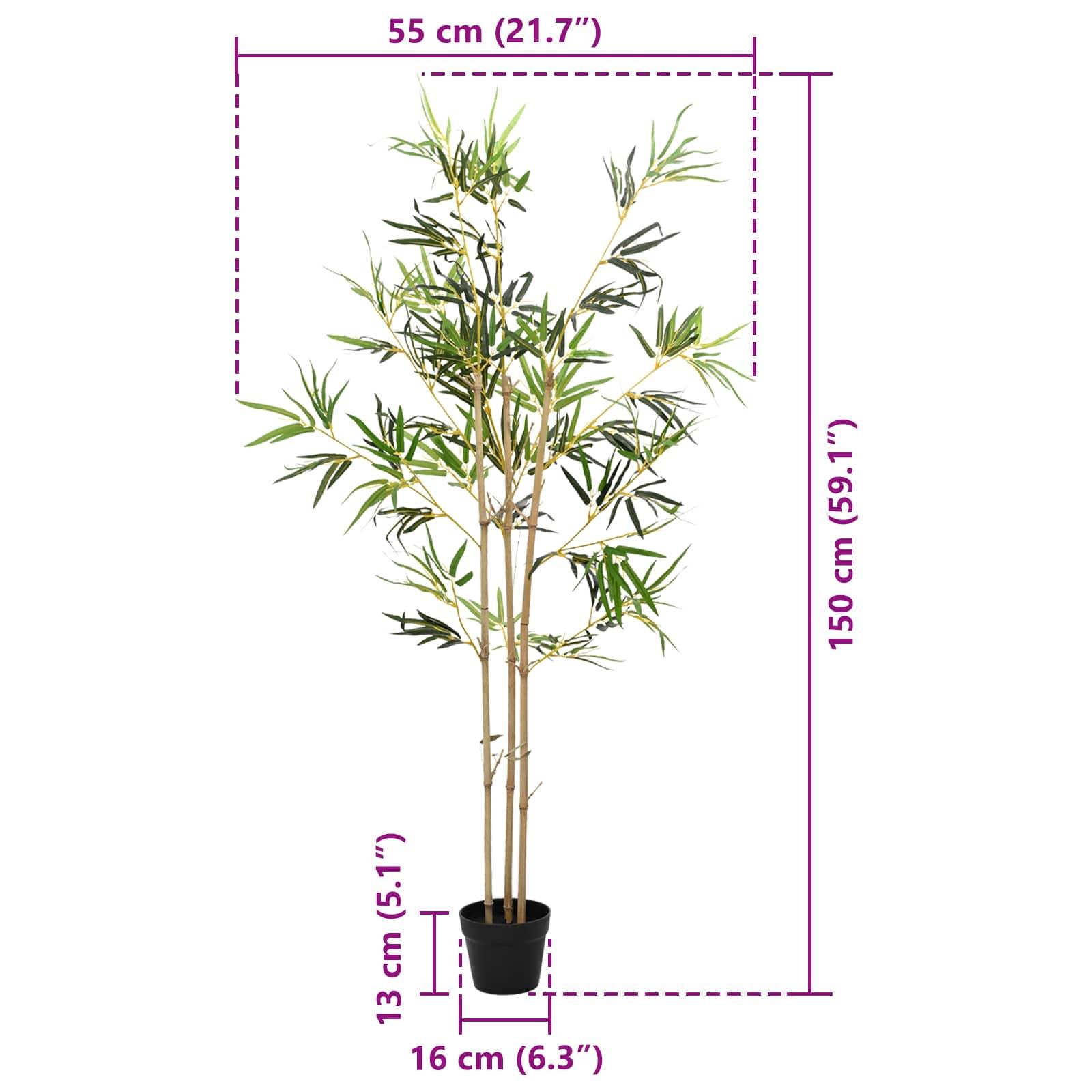 Künstlicher Bambus im Topf mit Abmessungen: 150 cm hoch, 55 cm breit, 16 cm Topfbreite, 13 cm Topfhöhe.