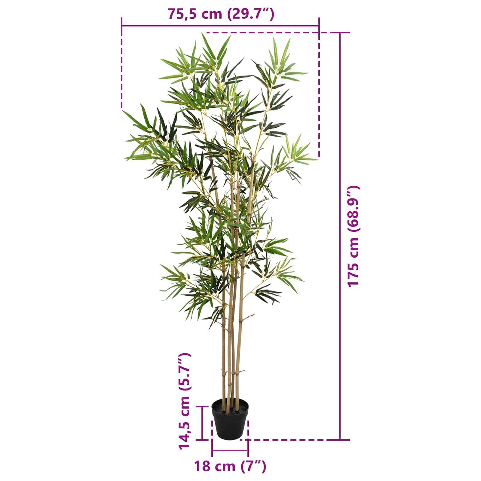 Großer künstlicher Bamboo in einem Topf mit beschrifteten Abmessungen: 175 cm Höhe, 75,5 cm Breite, 18 cm Topfdurchmesser, 14,5 cm Topfhöhe.