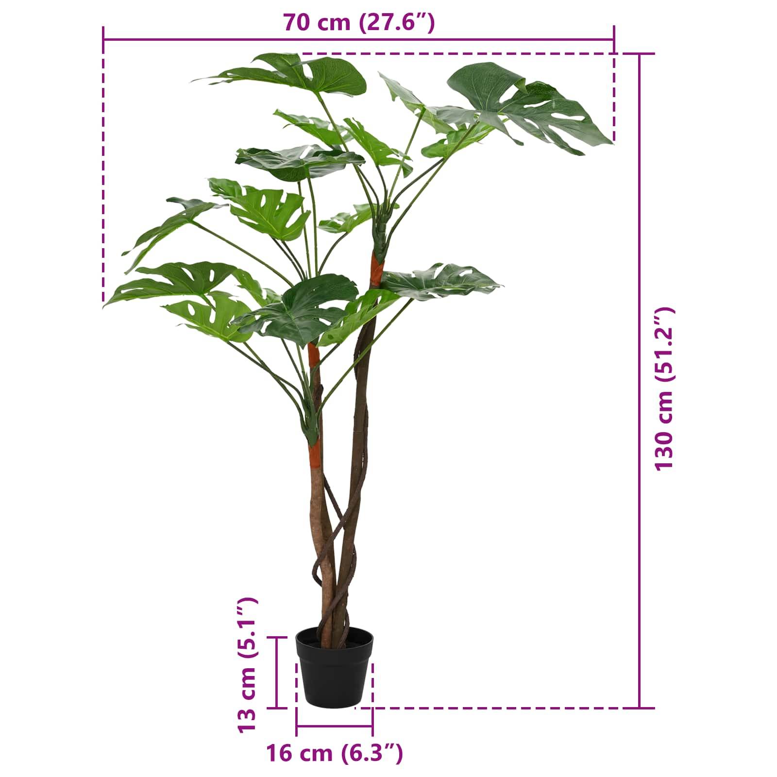 Großer künstlicher Topfbaum mit gespaltenen Stämmen und großen grünen Blättern; Abmessungen: 130 cm hoch, 70 cm breit, Topfdurchmesser 16 cm.