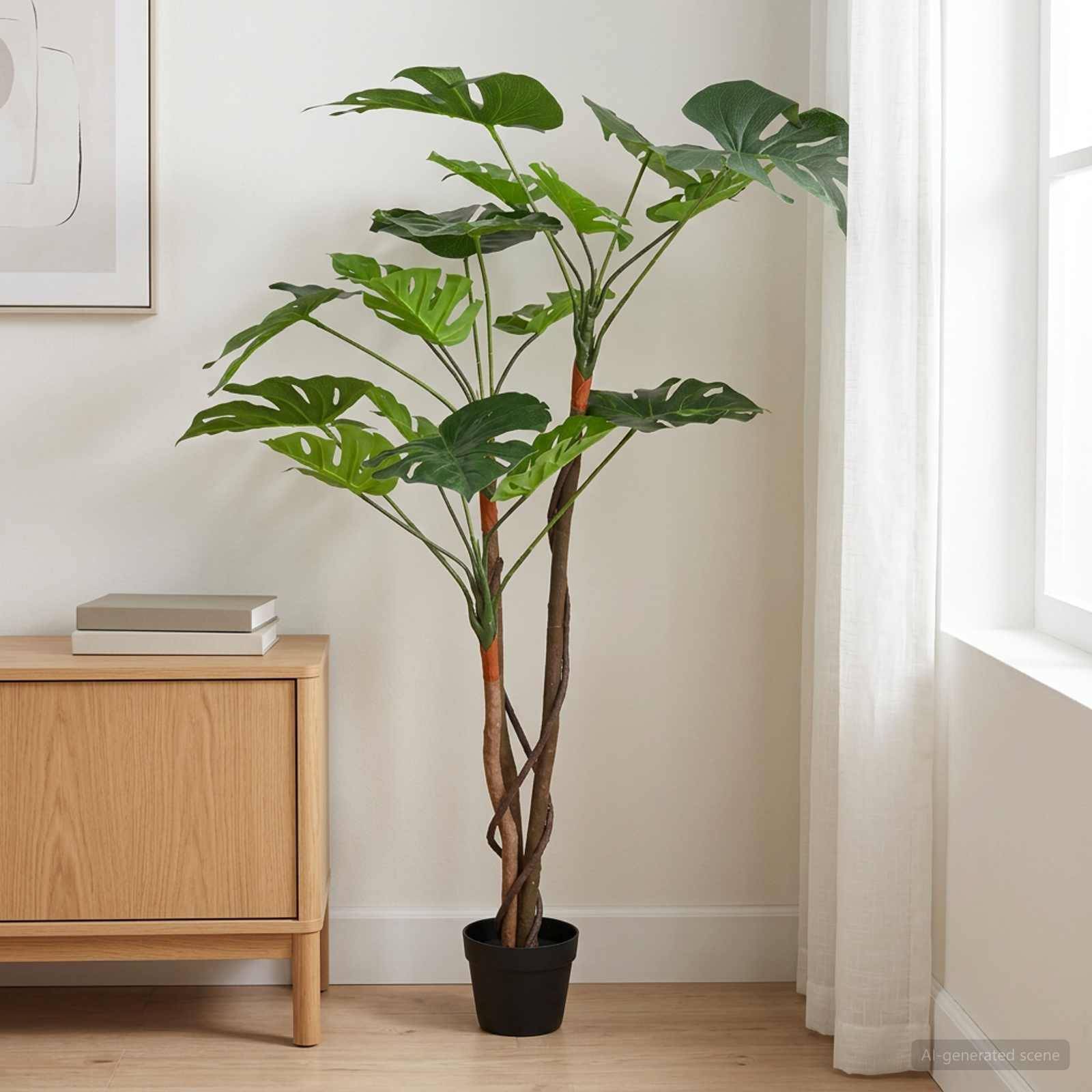Große getopfte Zimmerpflanze mit großen grünen Blättern neben einem Holzschrank und einem hellen Fenster in einem minimalistischen Raum.