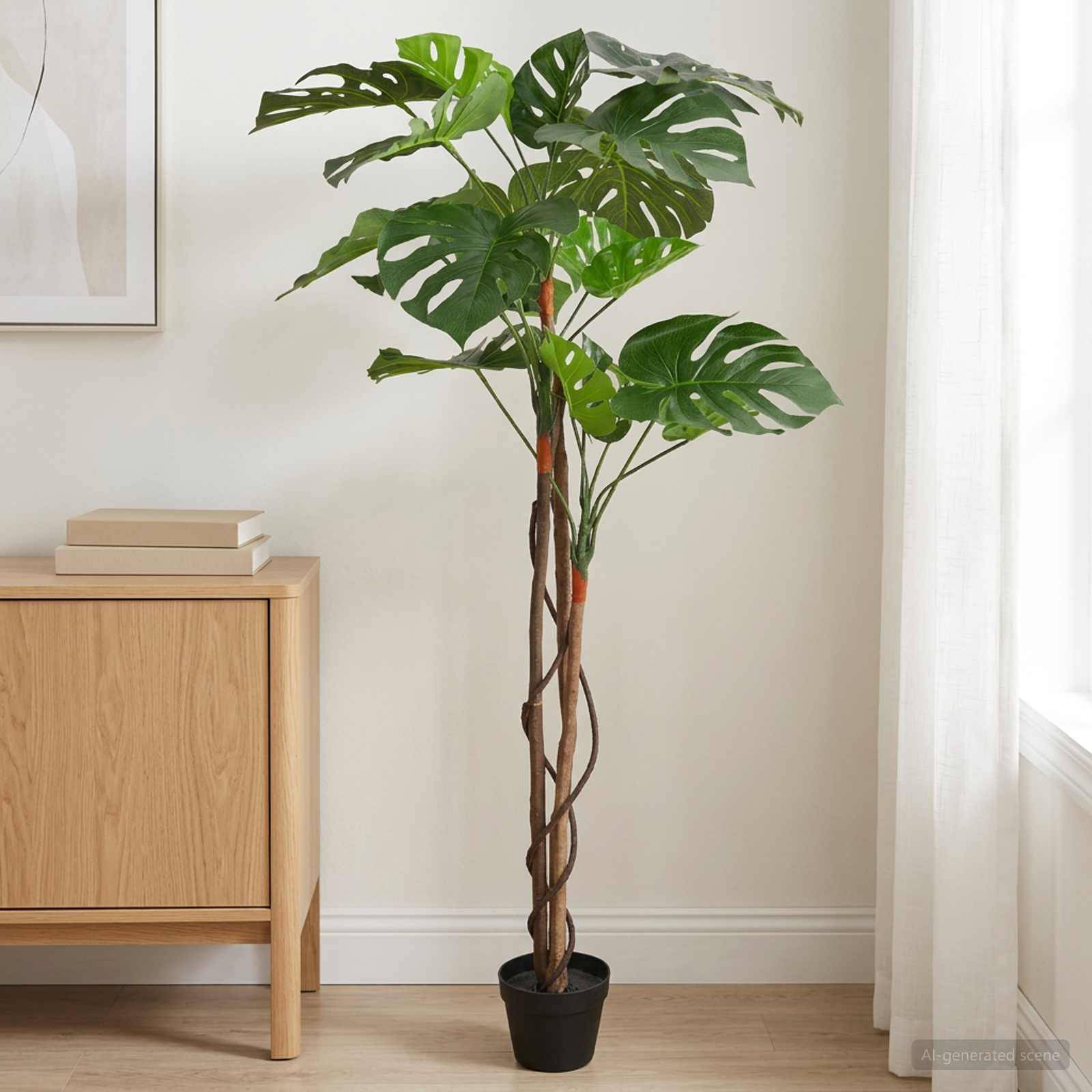 Große Monstera-Pflanze im Topf mit großen gespaltenen Blättern neben einem Holzschrank und hellem Fenster in einem minimalistischen Zimmer.