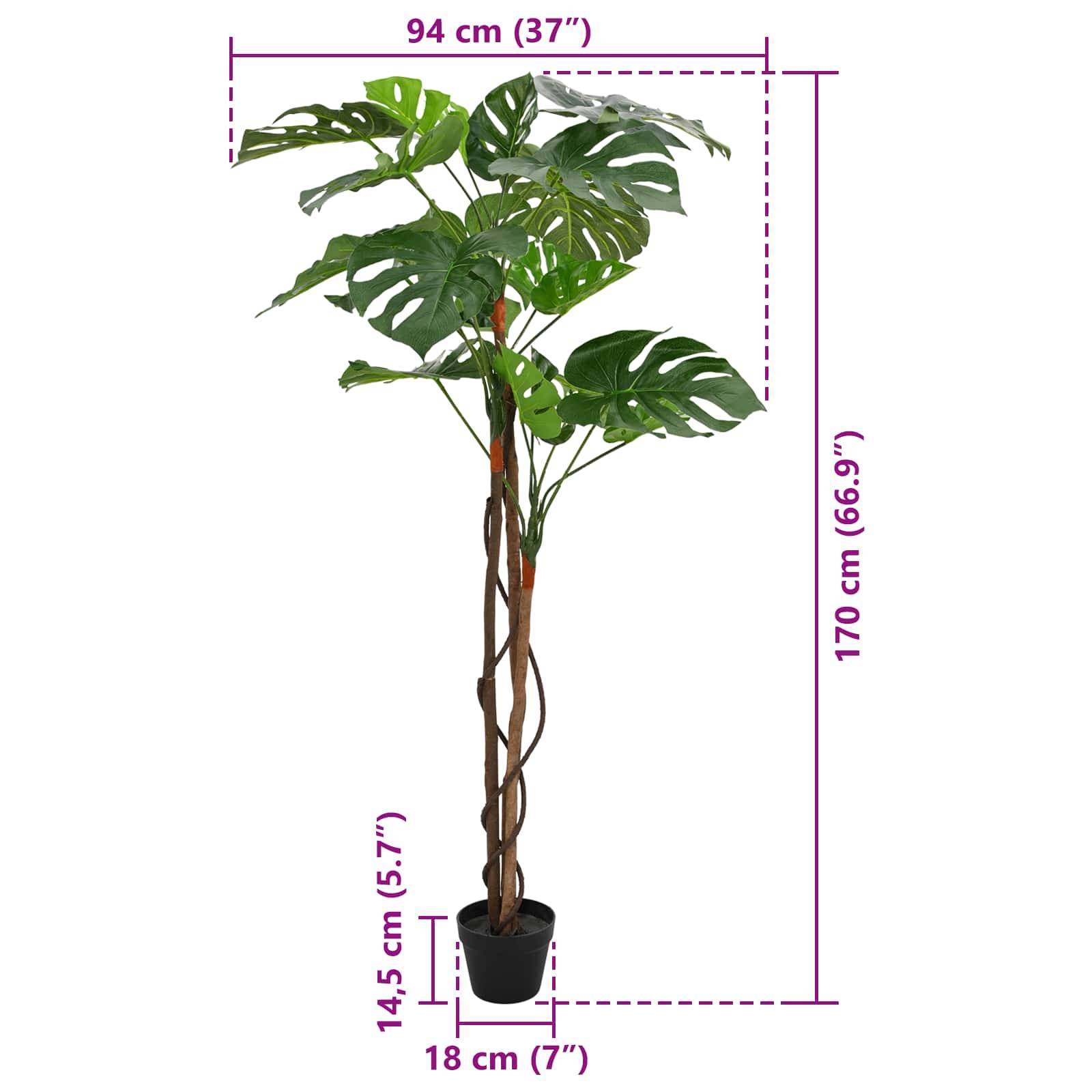 Künstliche Monstera im Topf mit Abmessungen: 170 cm Höhe, 94 cm Breite und 18 cm Topfdurchmesser.