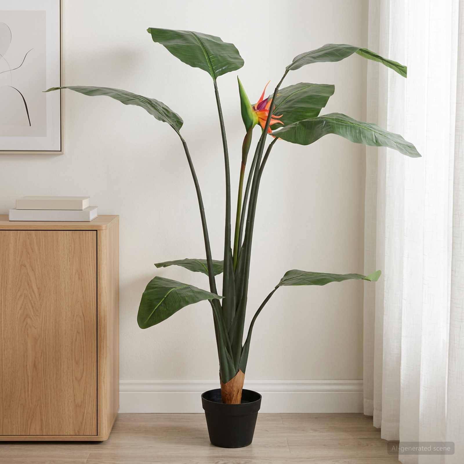 Topfpflanze der tropischen Paradiesvogelblume mit großen grünen Blättern und orangefarbener Blüte in einem schwarzen Topf neben einem Holzschrank bei einem Fenster.