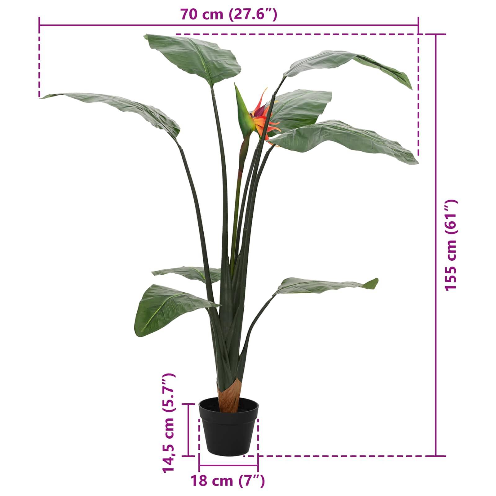 Künstliche Paradiesvogelblume in einem schwarzen Topf, gezeigt mit Abmessungen von 155 cm Höhe, 70 cm Breite und 18 cm Topfdurchmesser.