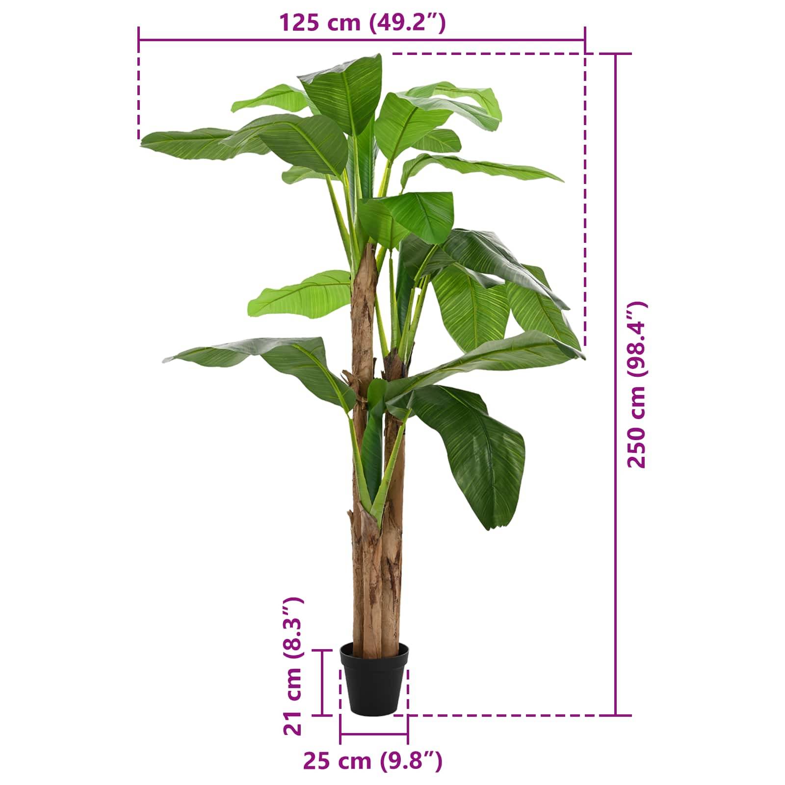 Künstliche Bananenpflanze im Topf mit angegebenen Abmessungen: 250 cm hoch, 125 cm breit, 25 cm Topfbreite, 21 cm Topfhöhe.