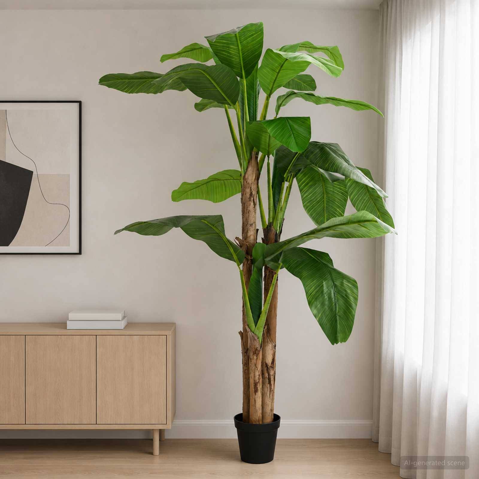 Große getopfte Bananenpflanze mit großen grünen Blättern in einem minimalistischen Raum neben einem Schrank, gerahmter Kunst und durchscheinenden Vorhängen.
