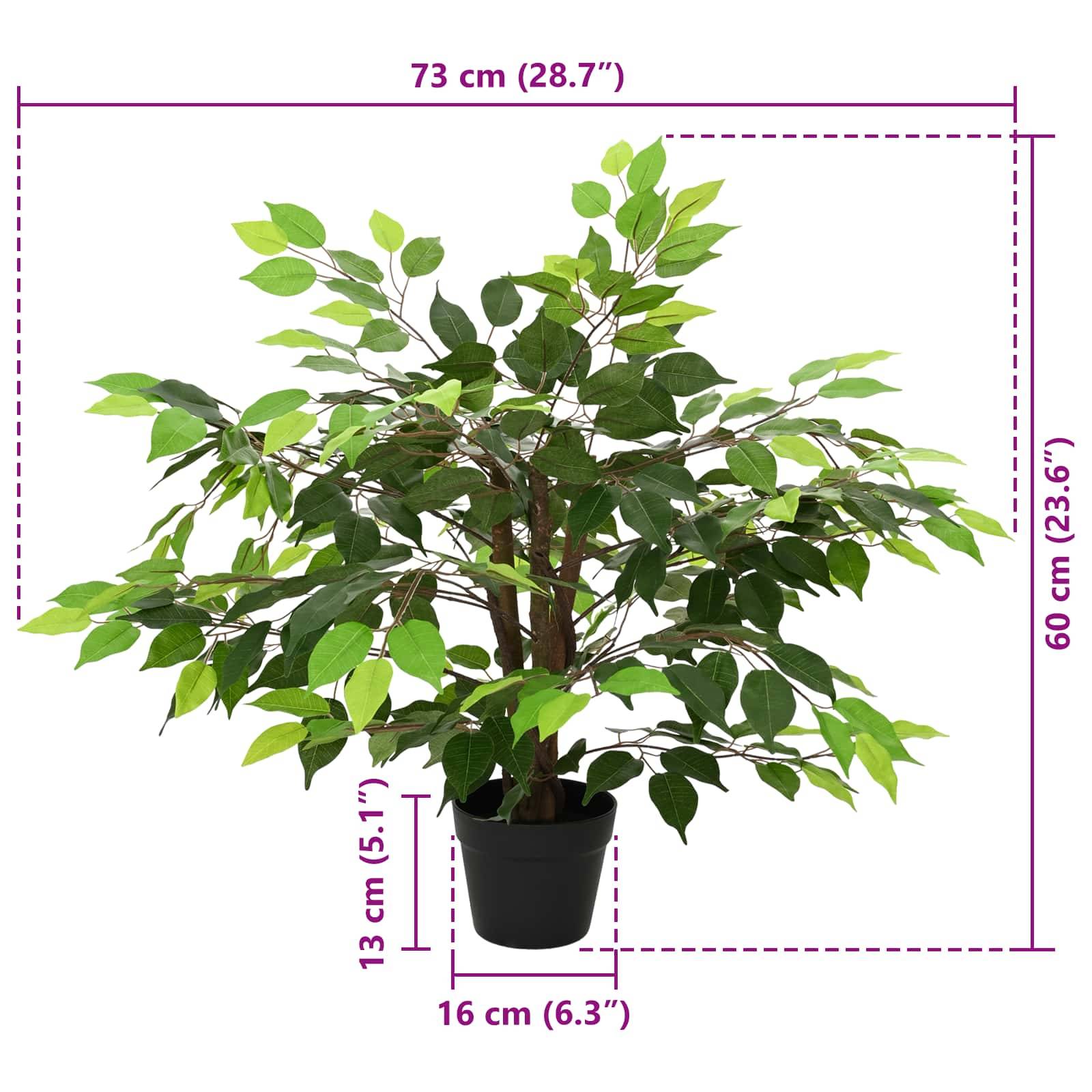 Künstlicher Topfbaum mit grünen Blättern, dargestellt mit Abmessungen: 73 cm breit, 60 cm hoch, Topf 16 cm breit und 13 cm hoch.
